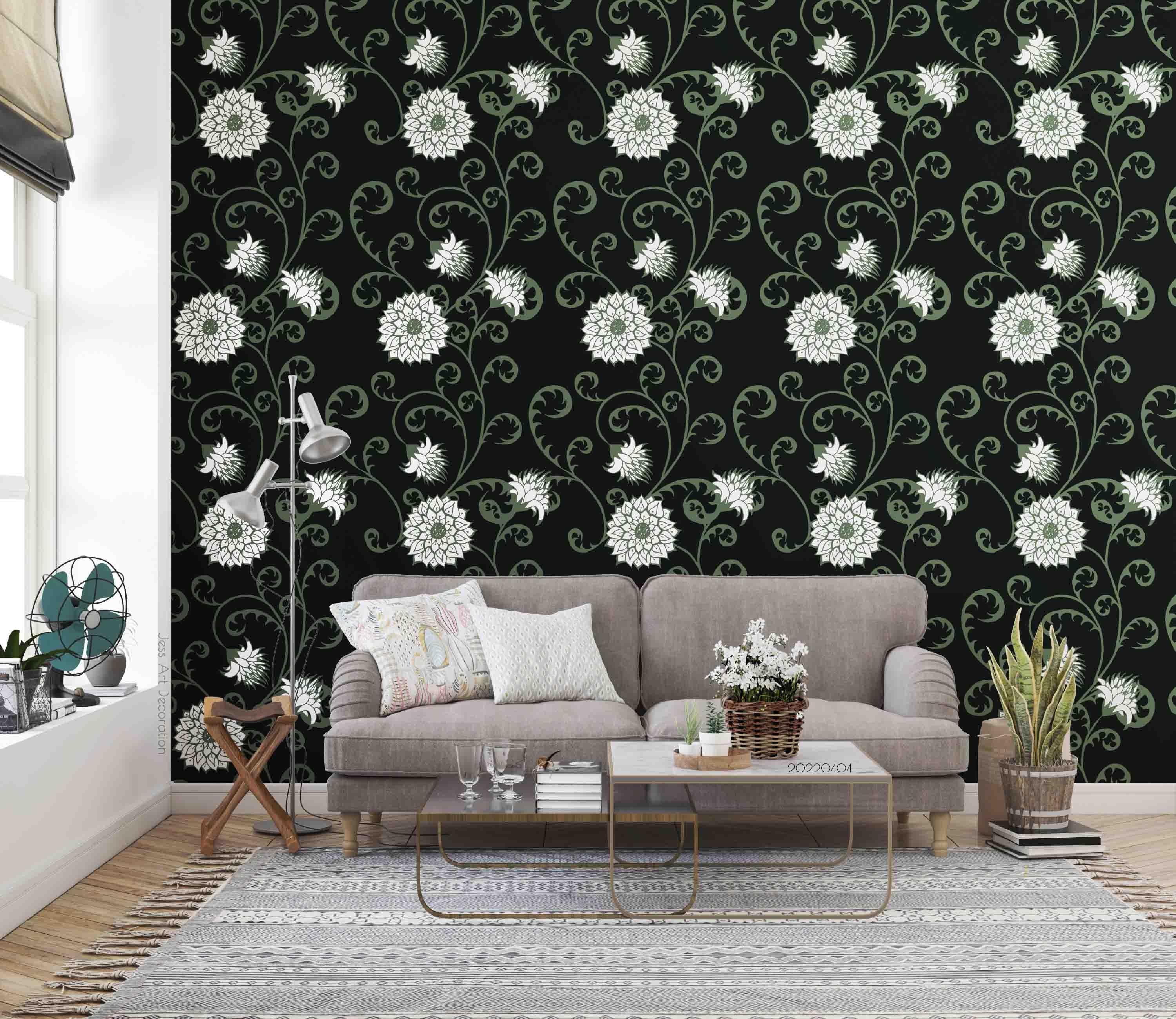 3D Vintage Plants Floral Black Background Wall Mural Wallpaper GD 4010- Jess Art Decoration