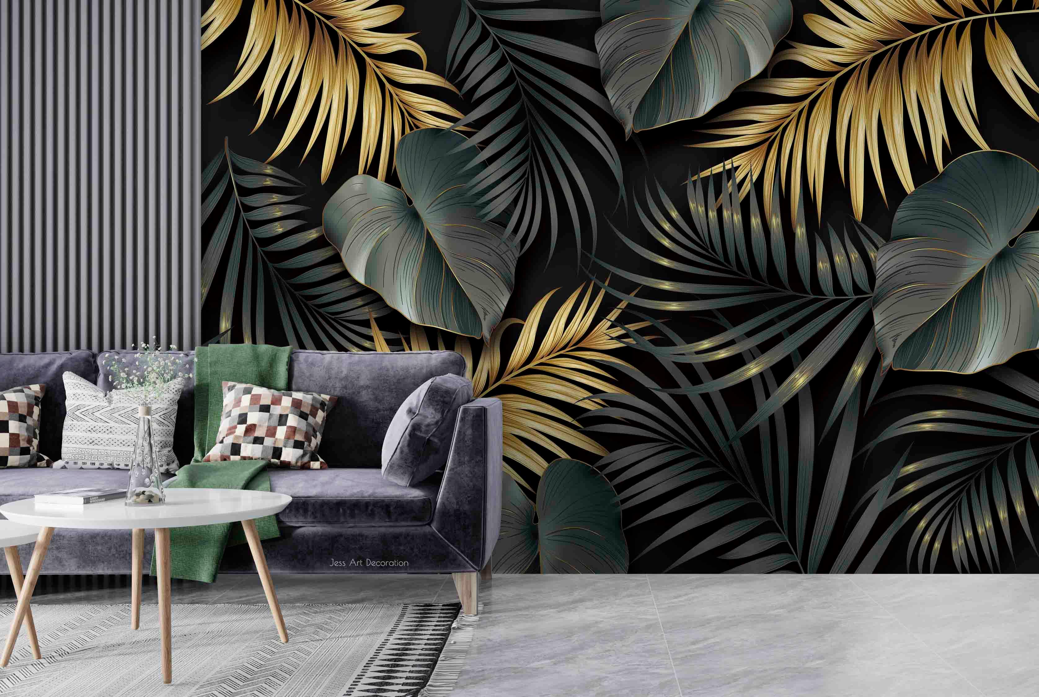 3D Tropical Plant Green Golden Leaf Wall Mural Wallpaper GD 3070- Jess Art Decoration
