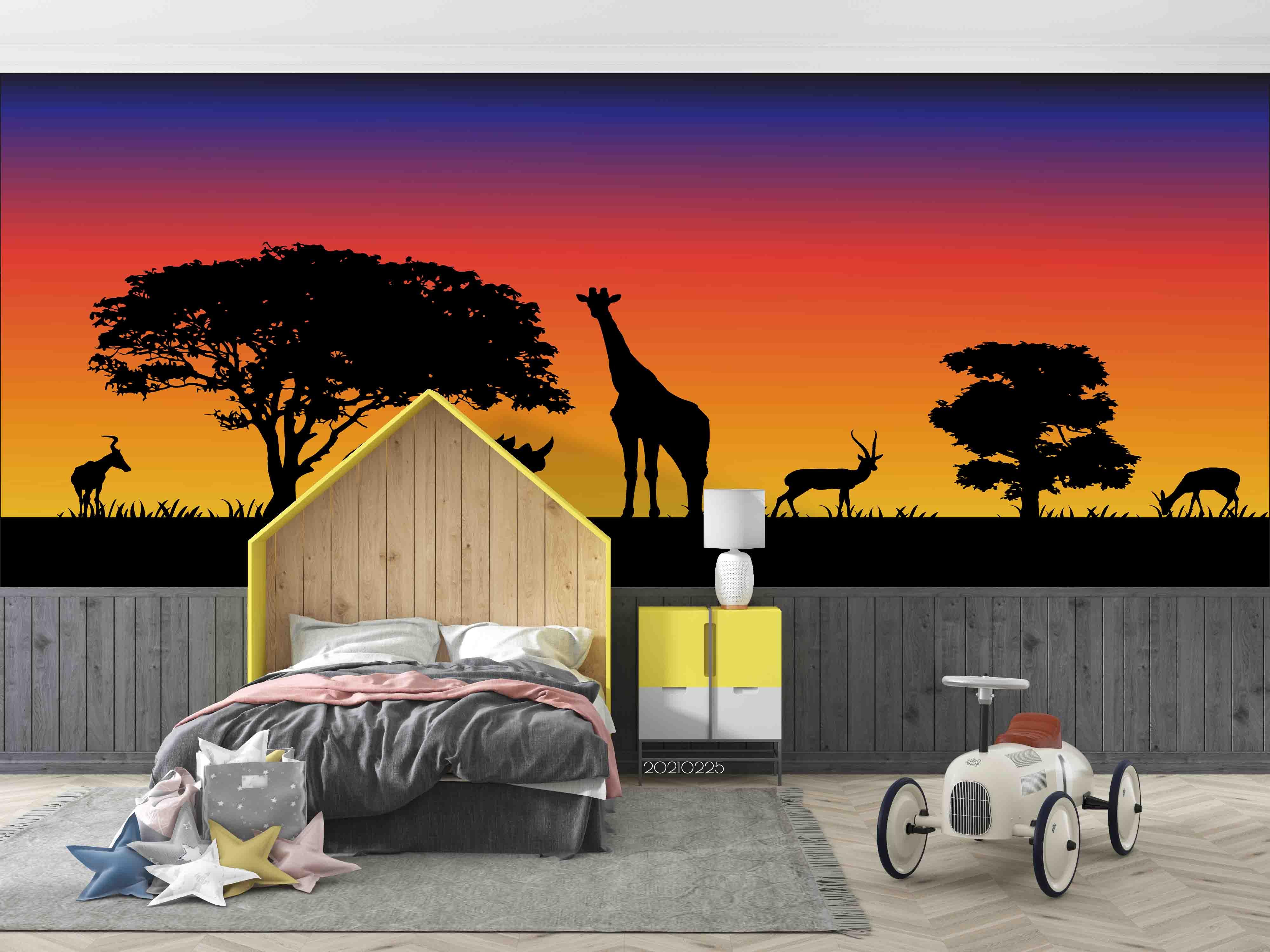 3D Sunset Sky Tree Wild Animal Wall Mural Wallpaper LQH 253- Jess Art Decoration
