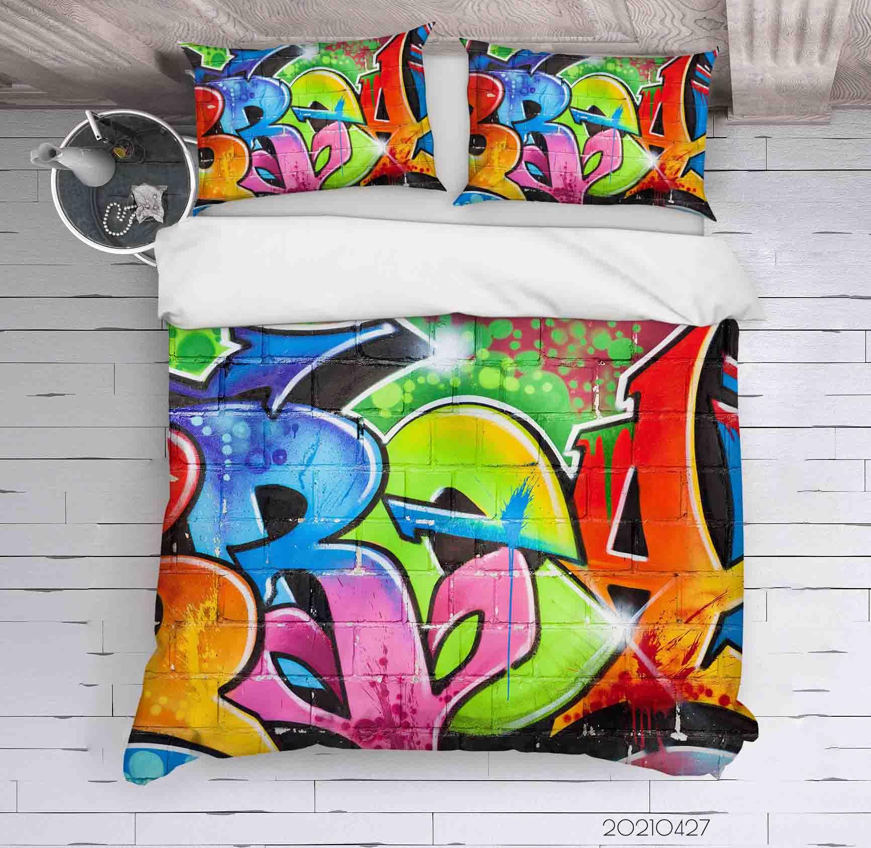 3D Abstract Colored Street Graffiti Quilt Cover Set Bedding Set Duvet Cover Pillowcases 80- Jess Art Decoration
