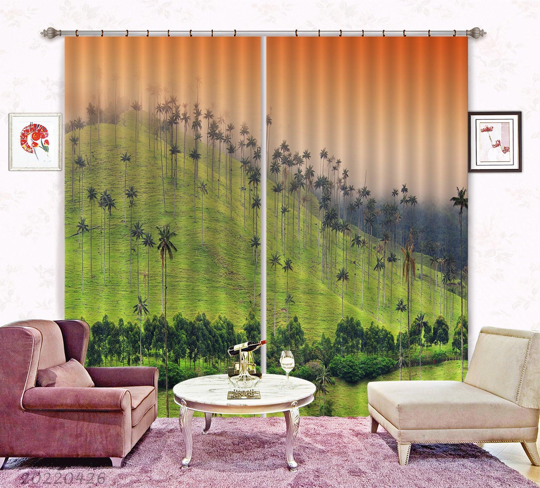 3D Landscape Mountain Green Tree Grass Orange Sky Curtains and Drapes GD 4749- Jess Art Decoration