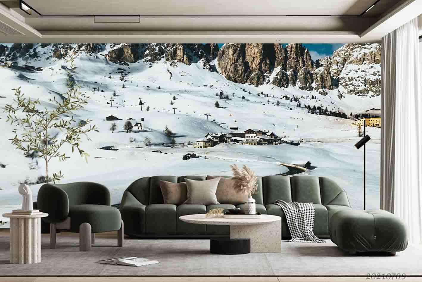 3D Winter Snow Mountain Village Wall Mural Wallpaper SWW4117- Jess Art Decoration
