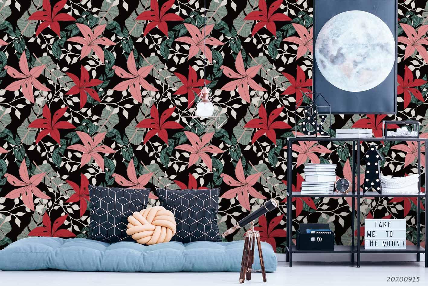 3D Hand Drawn Red Pink Floral Green Leaves Plant Pattern Wall Mural Wallpaper LXL- Jess Art Decoration