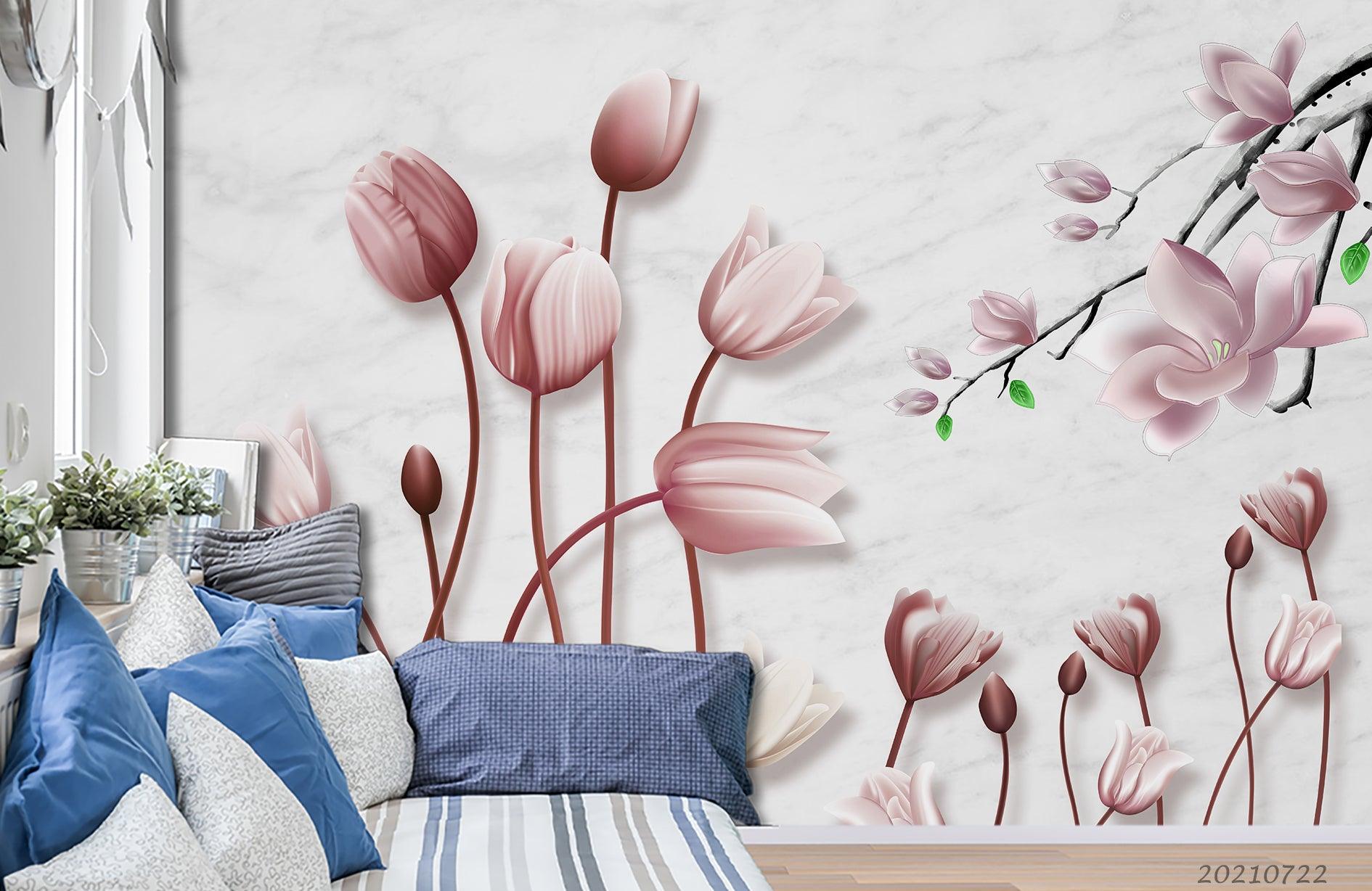 3D Hand Drawn Pink Magnolia Flower Wall Mural Wallpaper LQH 355- Jess Art Decoration