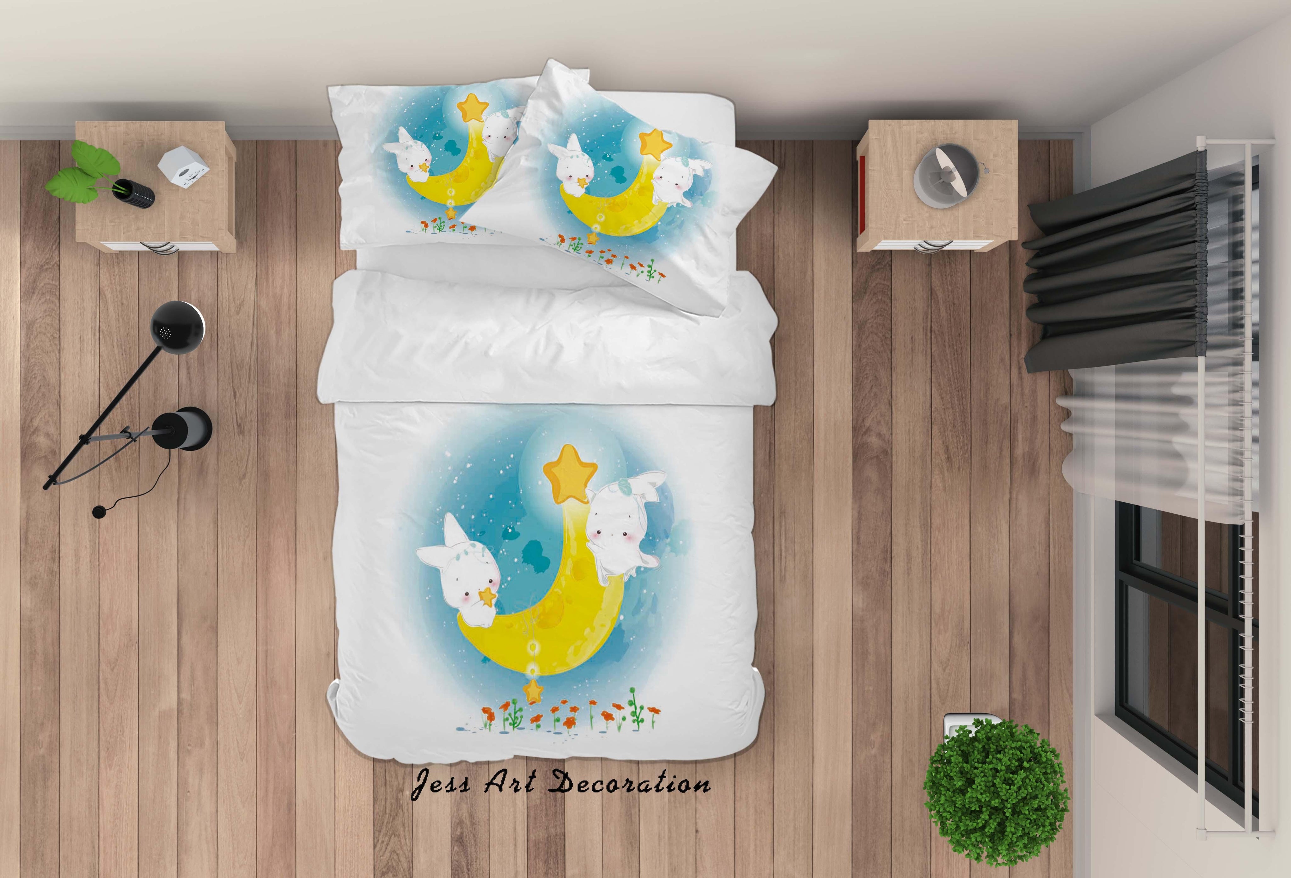 3D White Rabbit Moon Star Quilt Cover Set Bedding Set Duvet Cover Pillowcases SF92- Jess Art Decoration