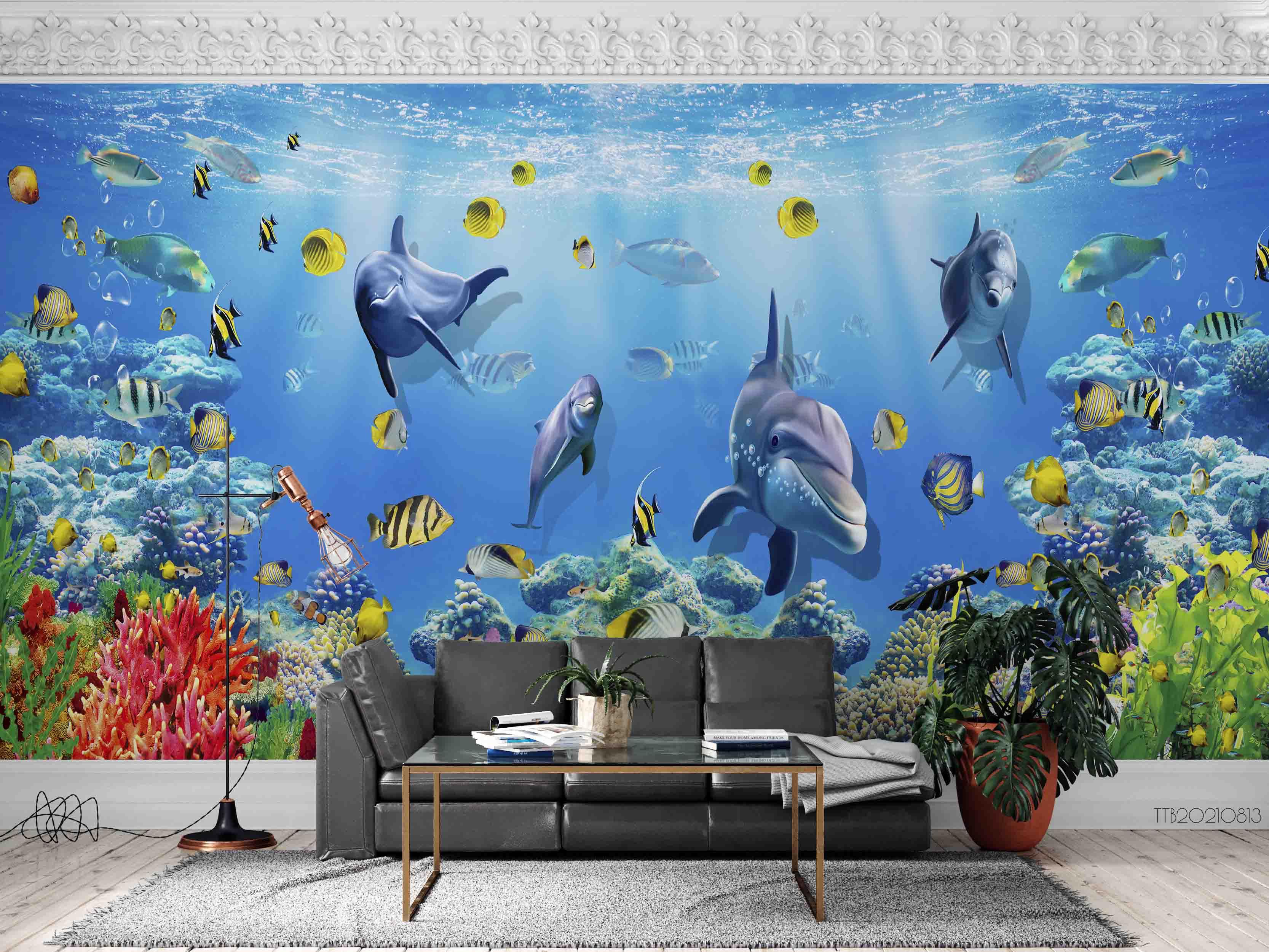 3D Underwater World Fish Coral Shark Wall Mural Wallpaper SWW5082- Jess Art Decoration