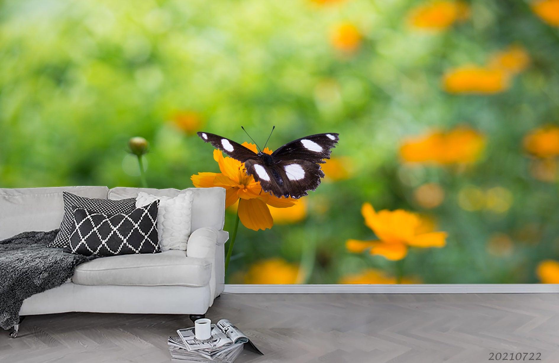 3D Yellow Floral Green Leaf Butterfly Wall Mural Wallpaper LQH 27- Jess Art Decoration