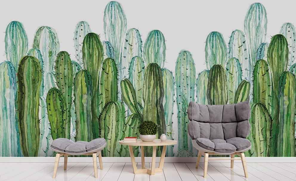 3D Watercolor Green Cactus Wall Mural Wallpaper 215- Jess Art Decoration