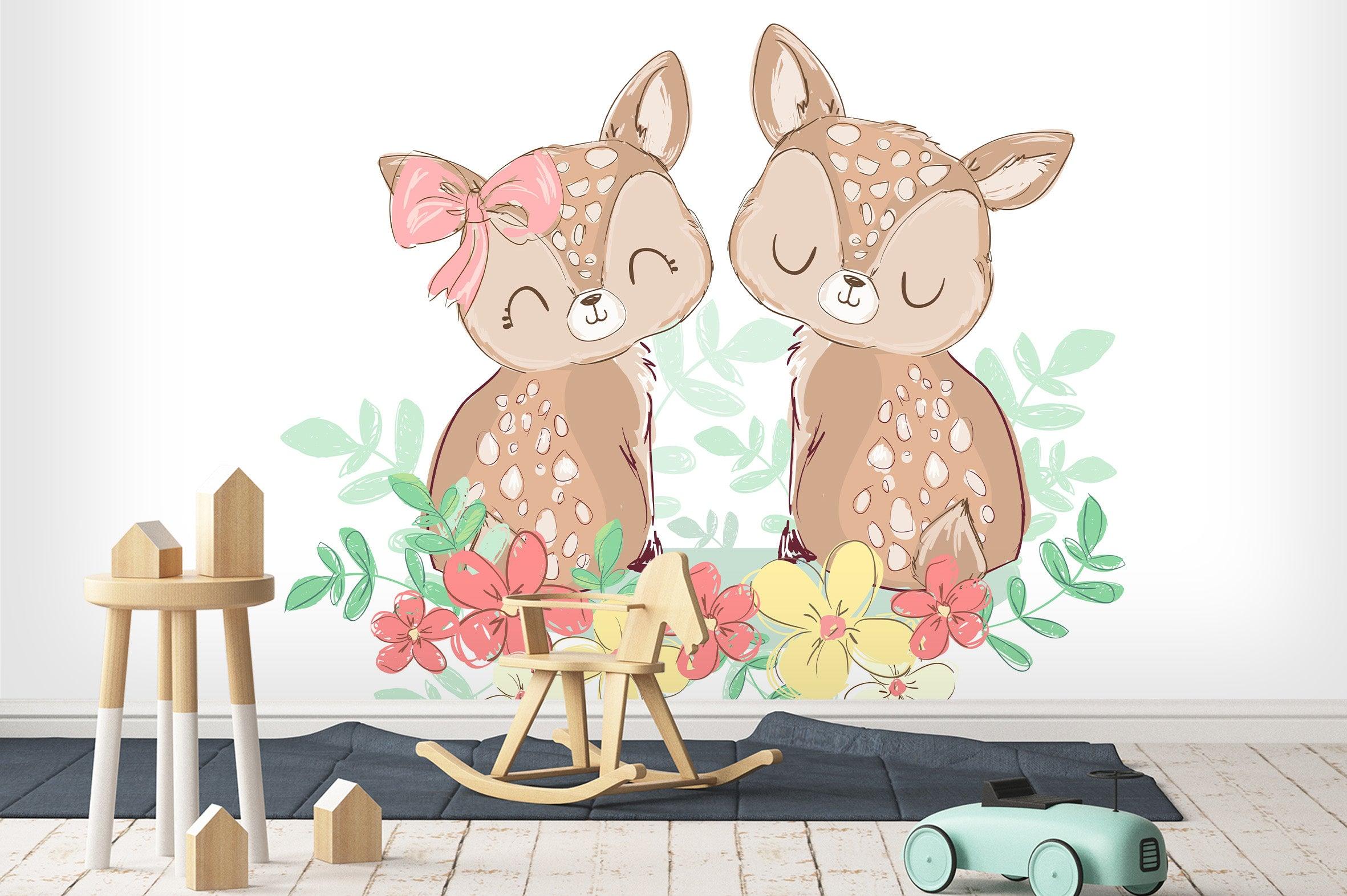 3D cartoon sika deer couple wall mural wallpaper 63- Jess Art Decoration