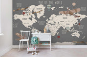 3D Cartoon Grey World Map Wall Mural Wallpaper LQH 94- Jess Art Decoration