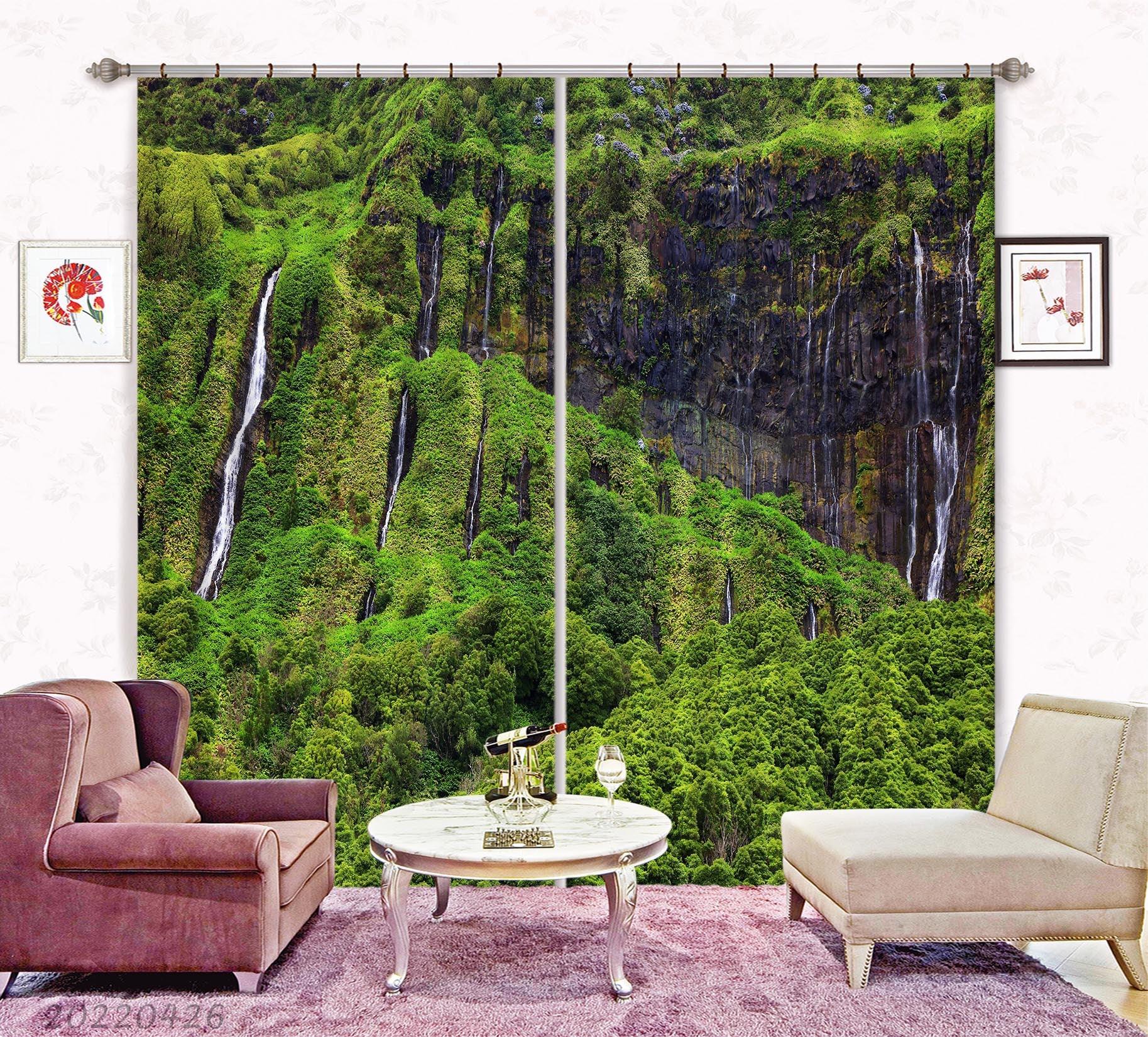 3D Landscape Mountain Forest Waterfall Green Tree Curtains and Drapes GD 4896- Jess Art Decoration