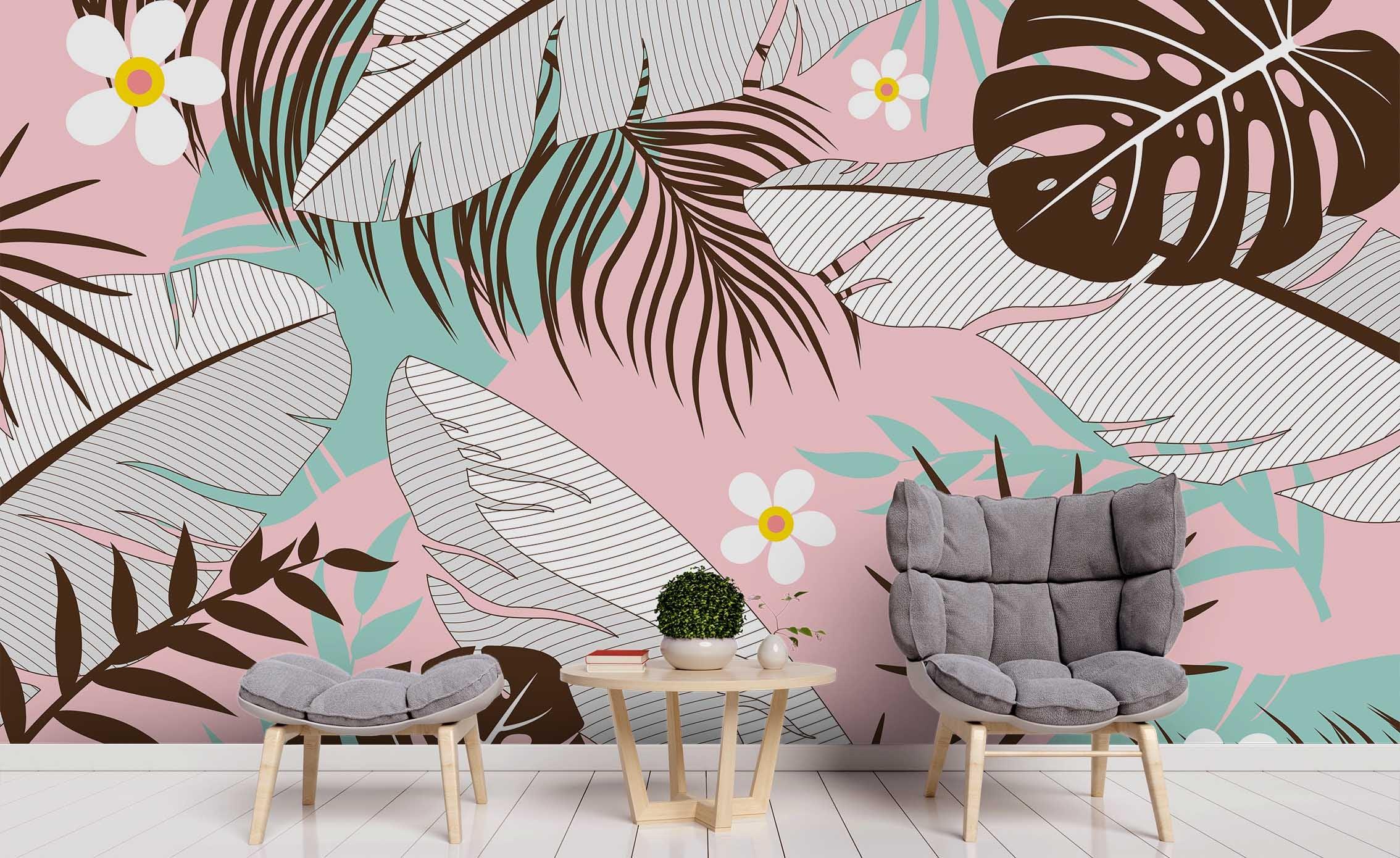 3D Tropical Leaf Floral Pink Wall Mural Wallpaper 65 LQH- Jess Art Decoration