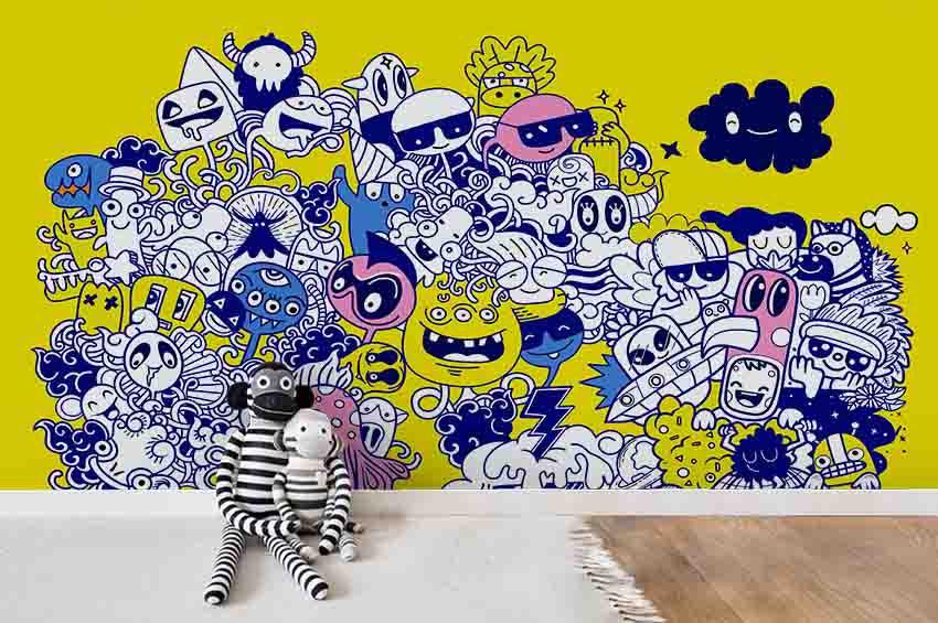 3D Yellow Cartoon Graffiti Wall Mural Wallpaper SF60- Jess Art Decoration