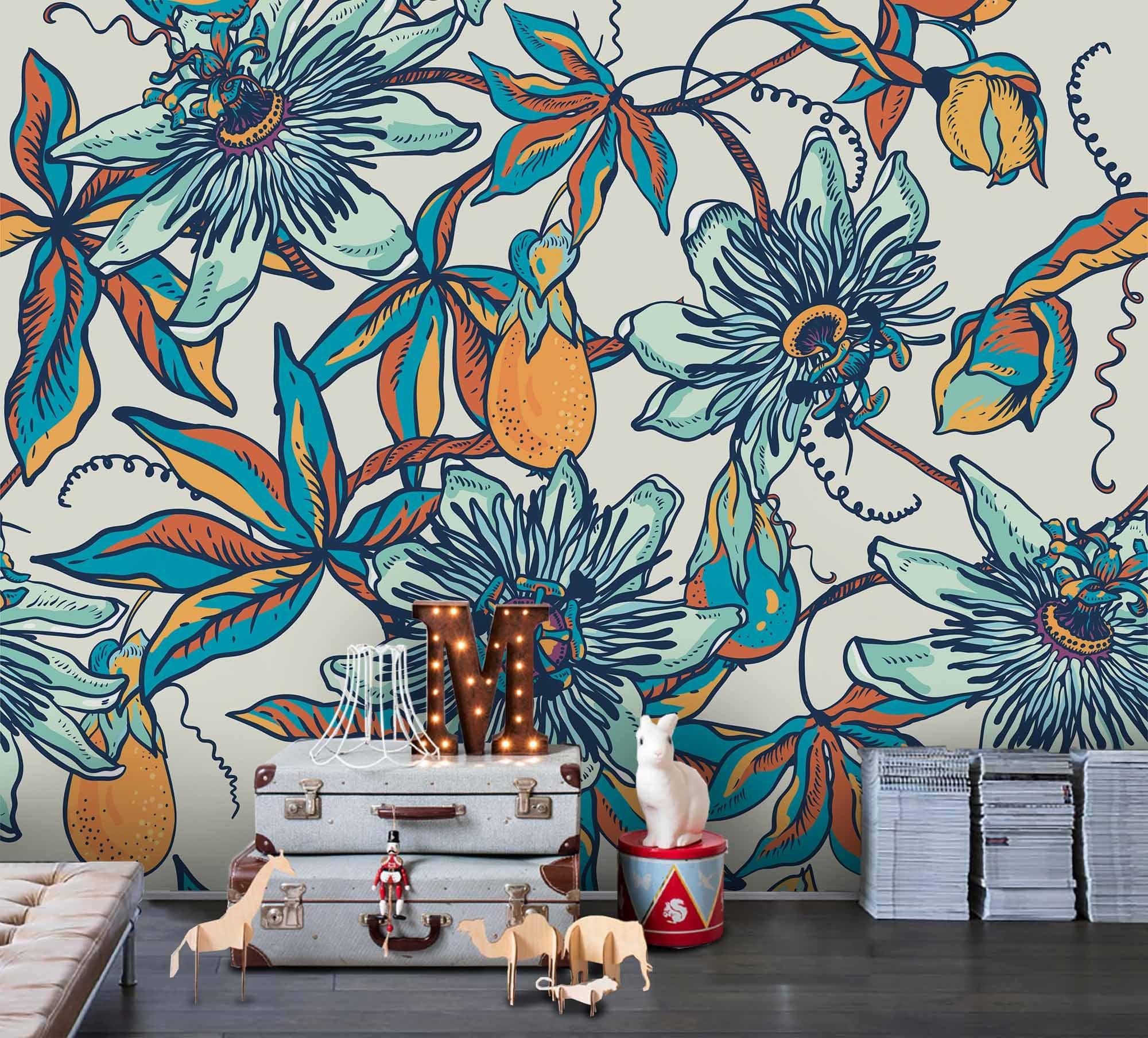 3D Hand Painted Green Flowers Wall Mural Wallpaper 50- Jess Art Decoration