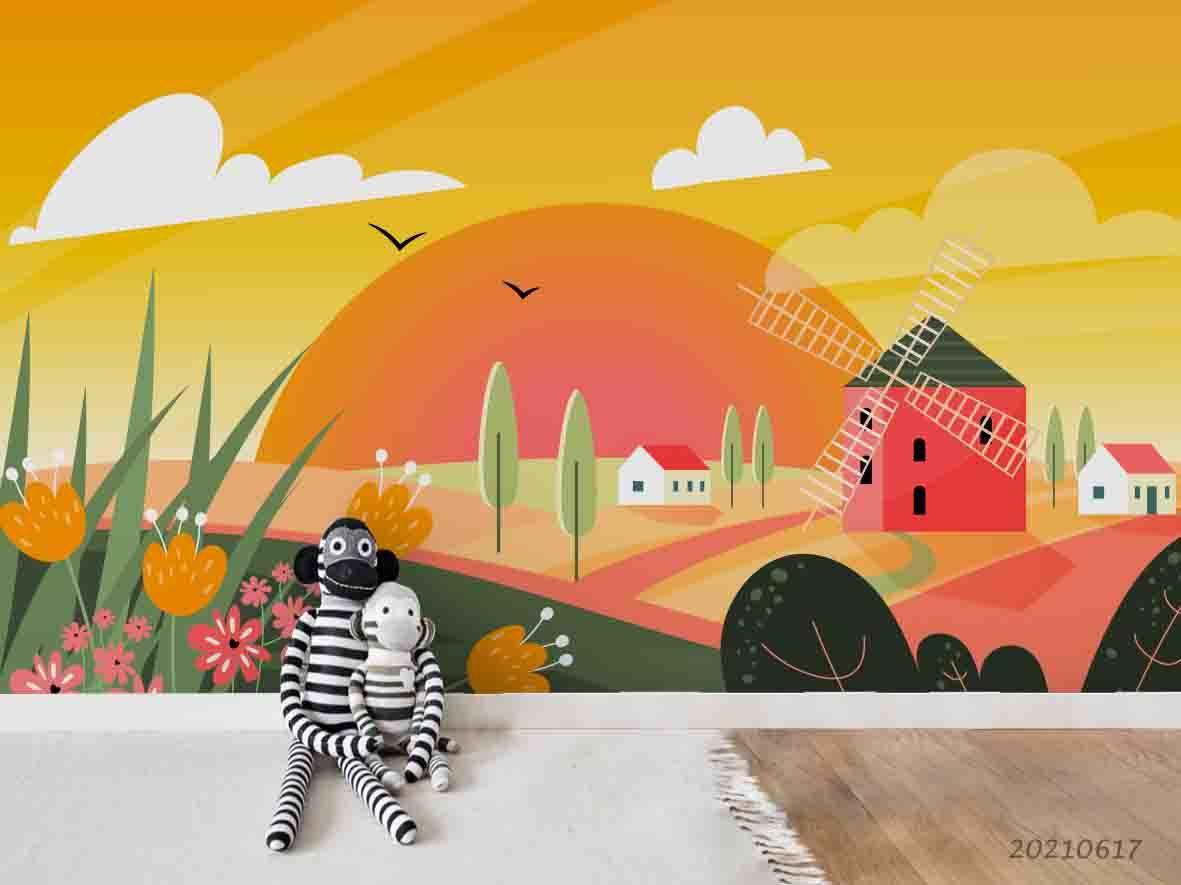 3D Cartoon Sunset Space Windmill Landscape Wall Mural Wallpaper LQH 58- Jess Art Decoration