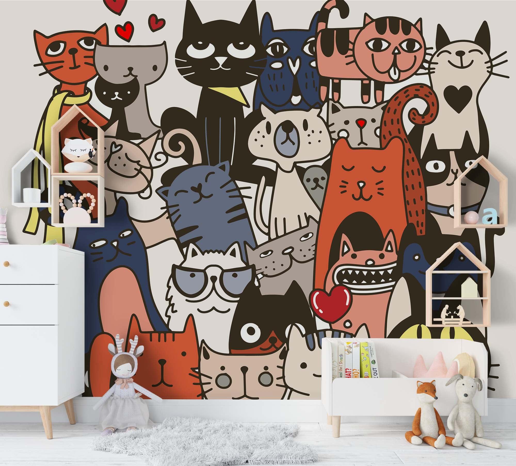 3D Cartoon Cat Kitty Wall Mural Wallpaper SF79- Jess Art Decoration