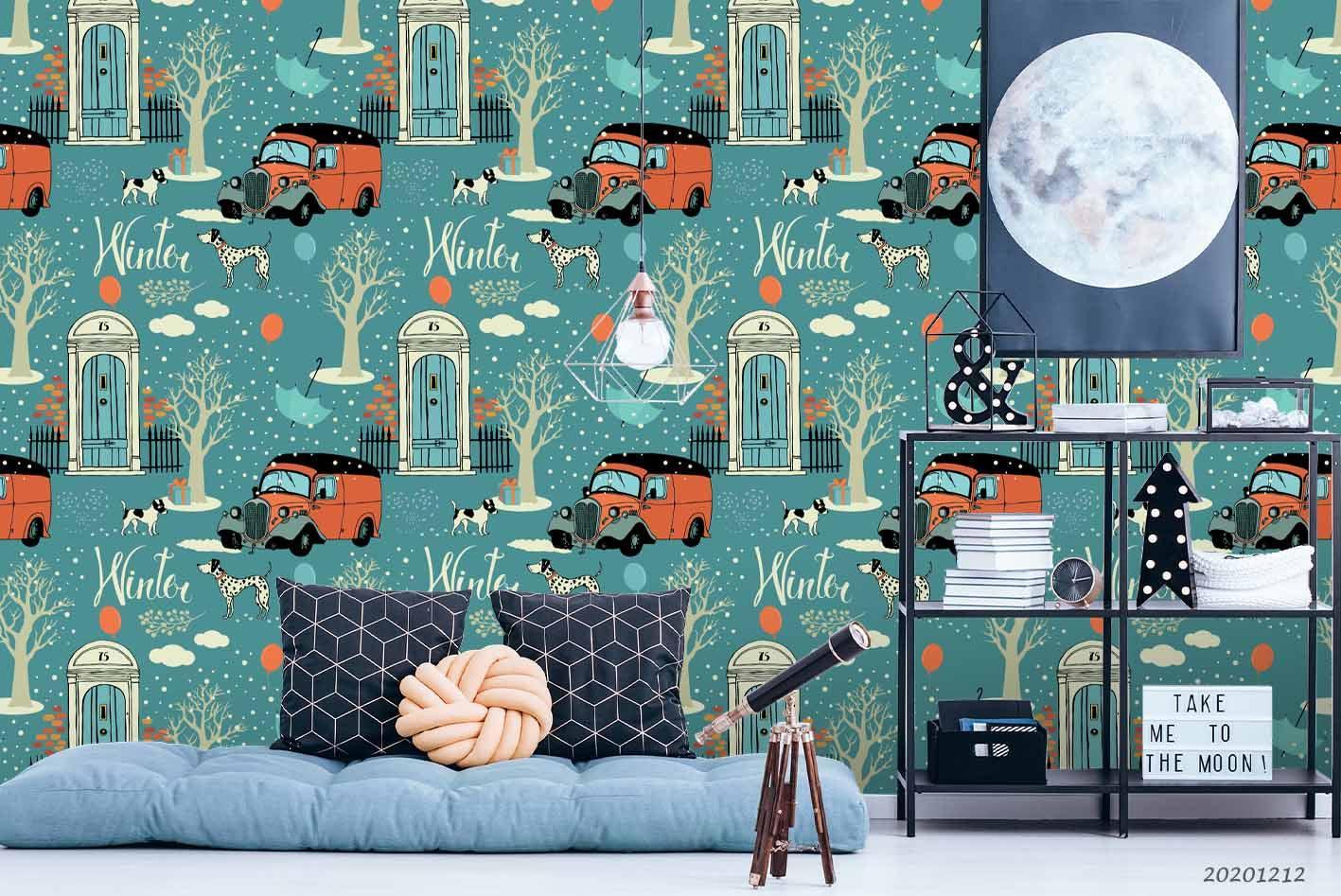 3D Cartoon Red Car Vehicle Door Tree Plant Pattern Wall Mural Wallpaper LXL- Jess Art Decoration