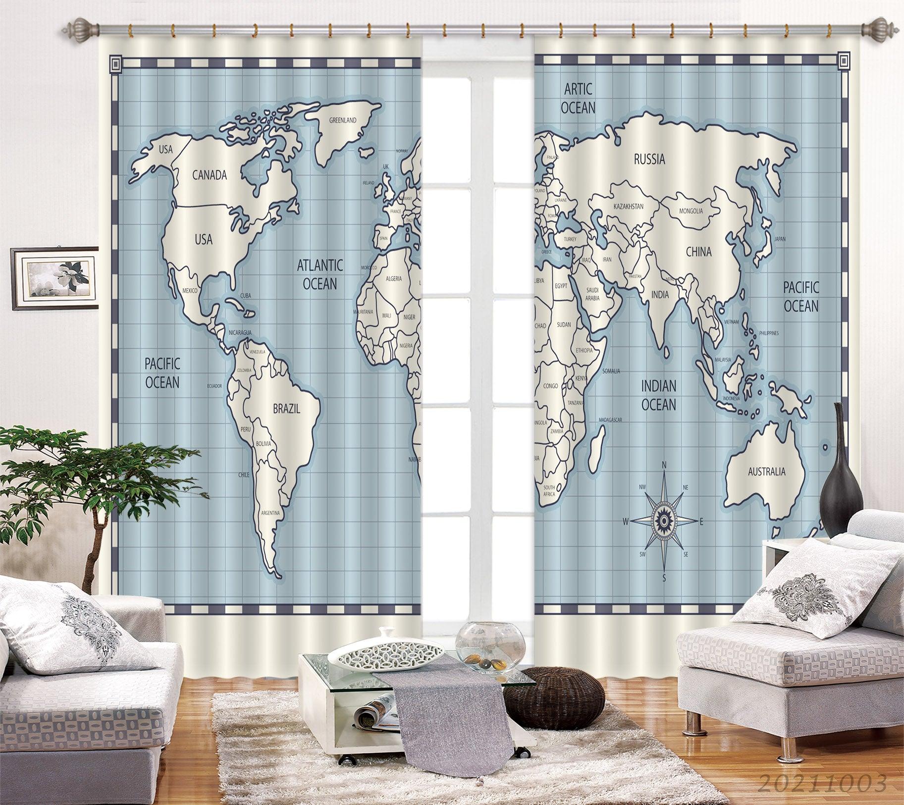 3D Blue World Map Curtains and Drapes LQH 92- Jess Art Decoration