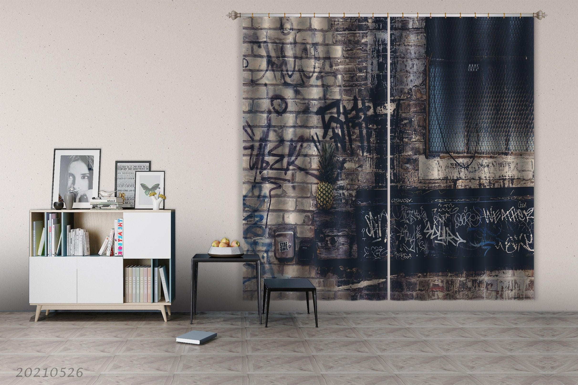 3D Abstract Brick Wall Graffiti Alphabet Curtains and Drapes GD 343- Jess Art Decoration