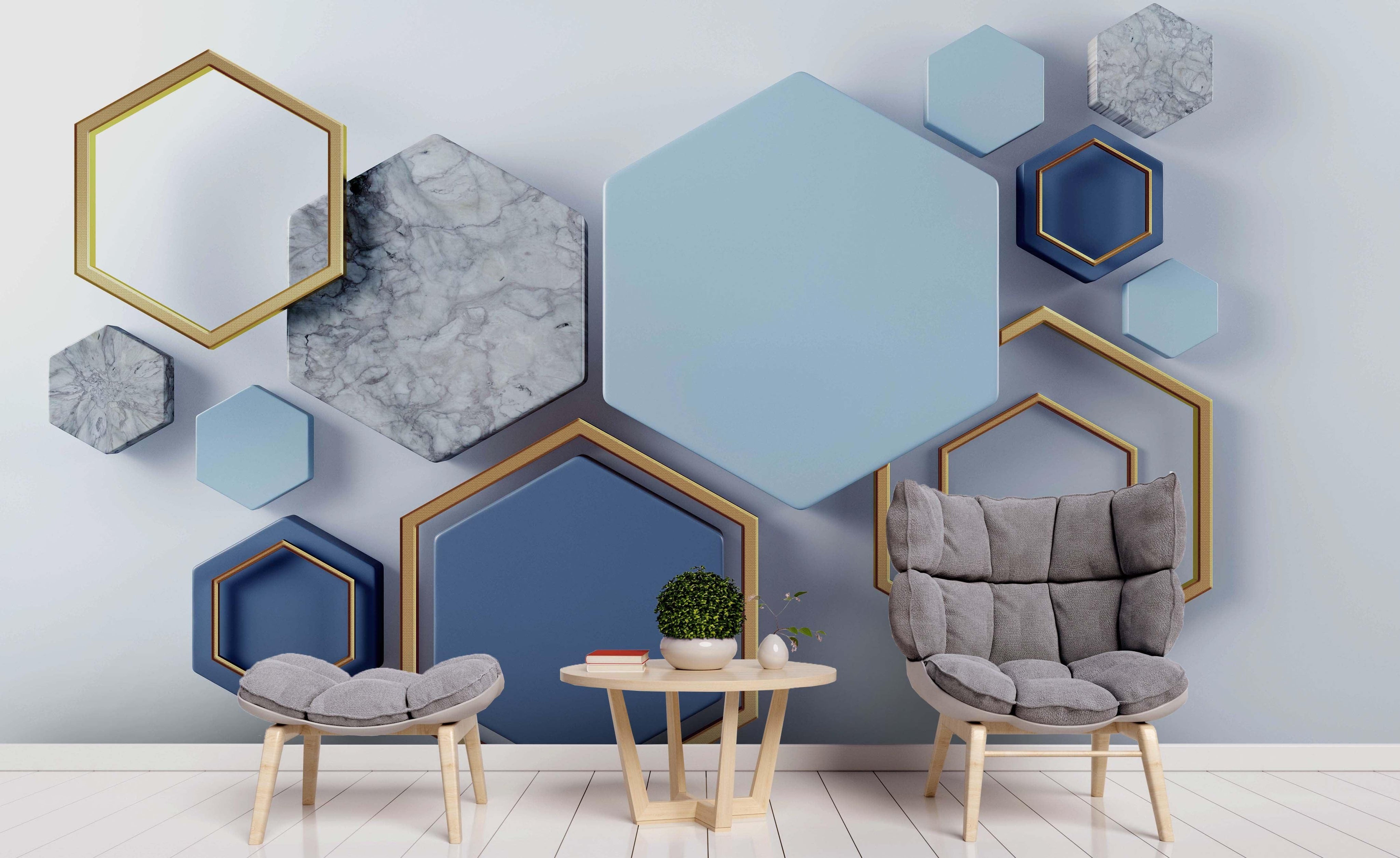 3D Blue Hexagon Marble Wall Mural Wallpaper 192- Jess Art Decoration