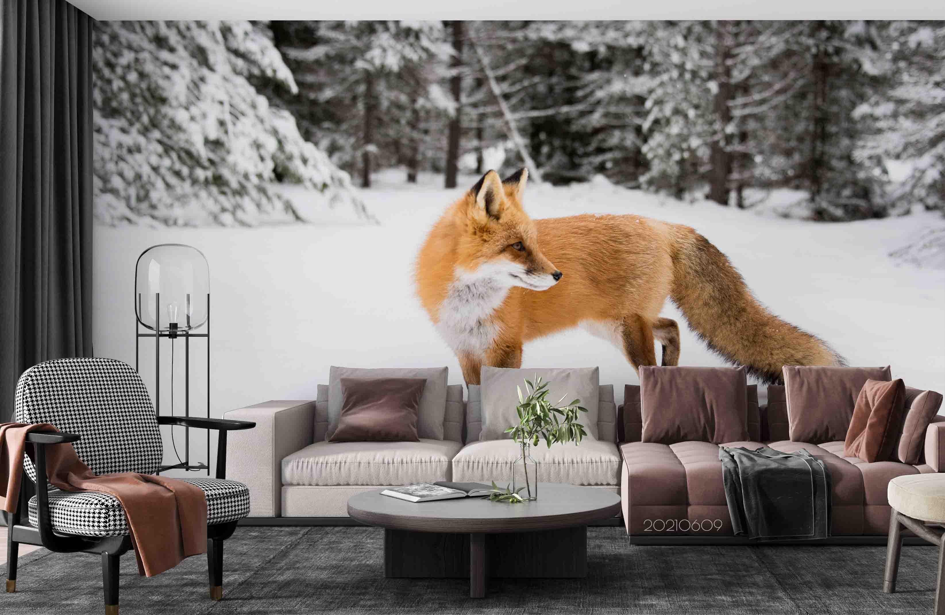 3D Winter Snow Pine  Jungle Fox Wall Mural Wallpaper SWW1643- Jess Art Decoration