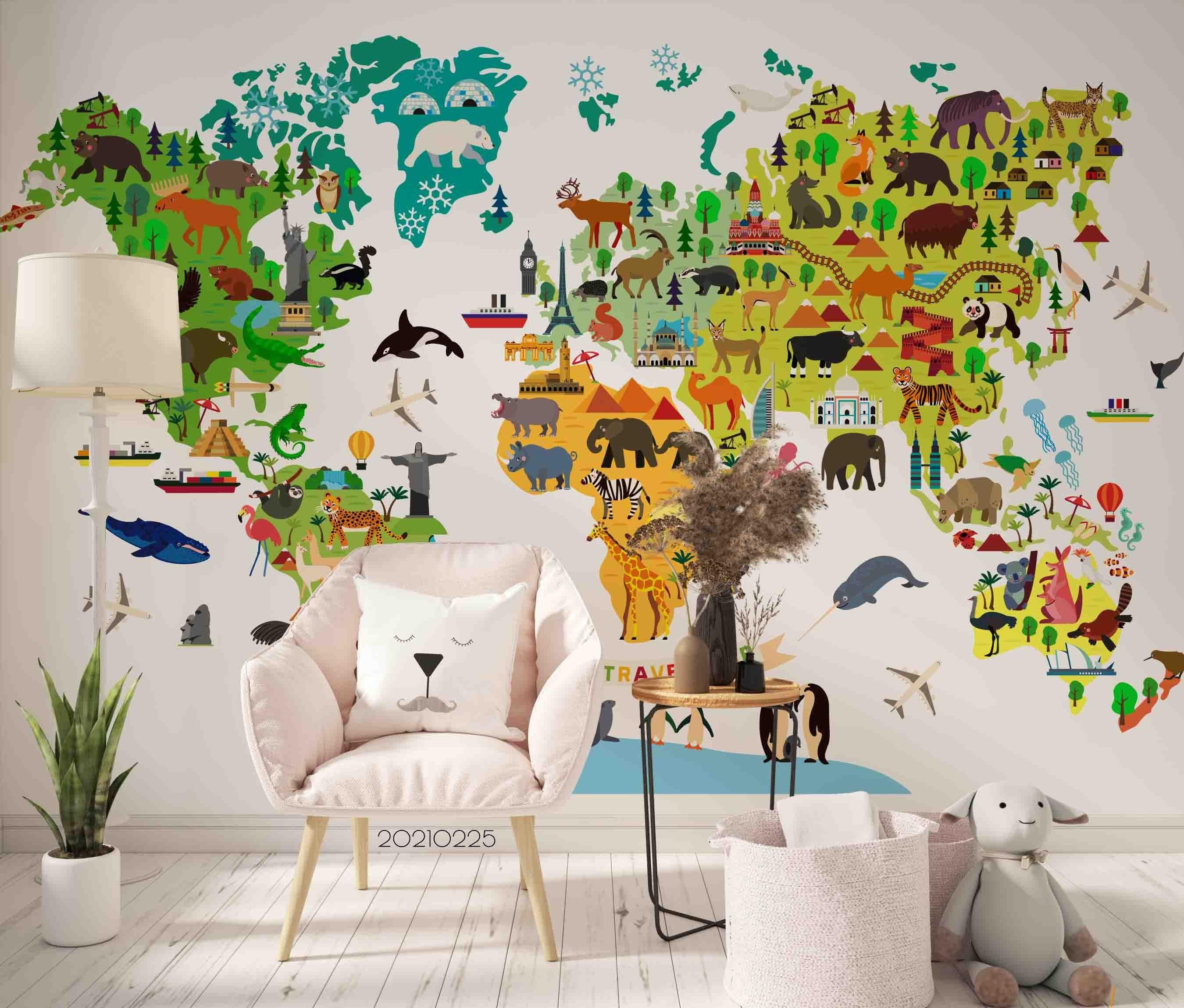 3D Cartoon World Map Animals Wall Mural Wallpaper LQH 168- Jess Art Decoration