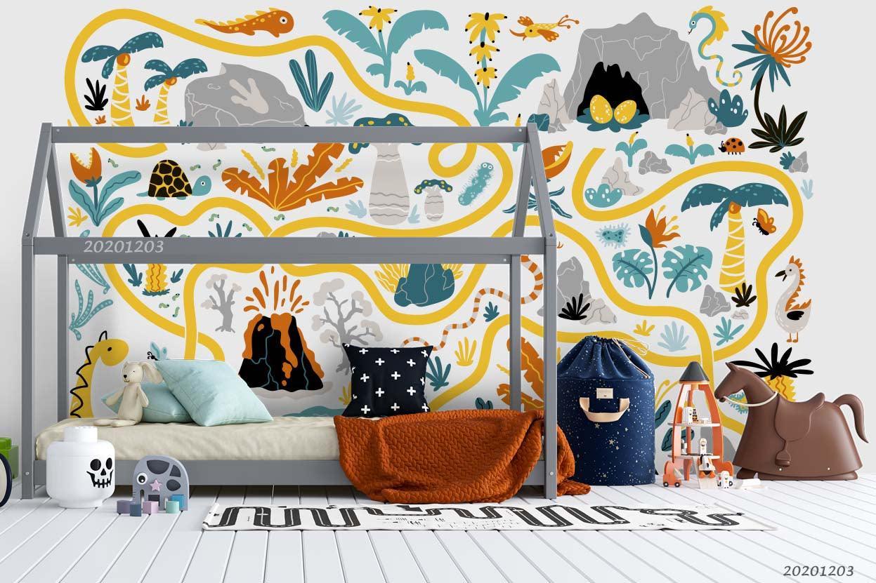 3D Cartoon Colorful Leaves Plant Yellow Line Wall Mural Wallpaper LXL- Jess Art Decoration