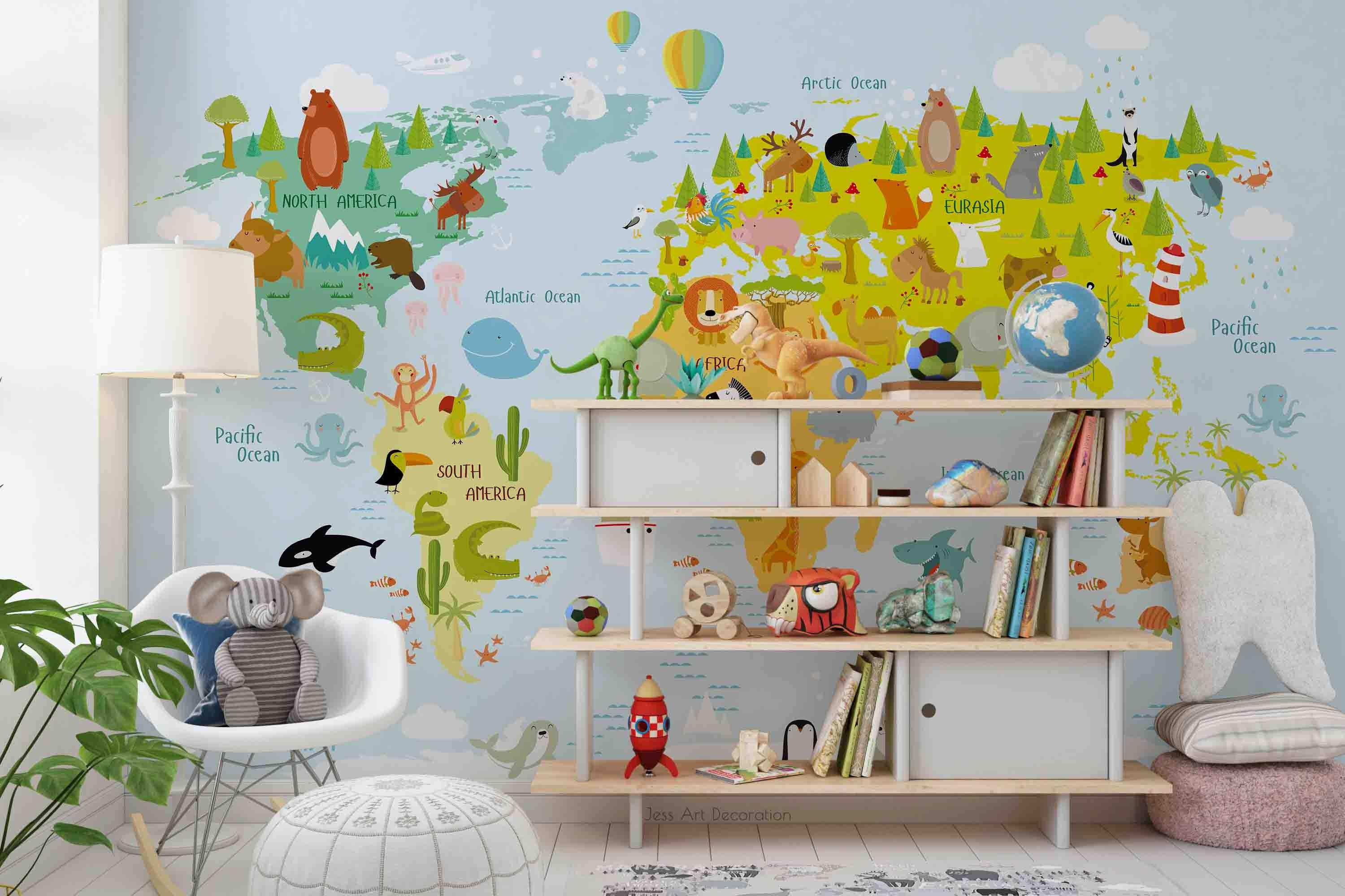 3D Cartoon Animal Plant World Map Wall Mural Wallpaper GD 2714- Jess Art Decoration