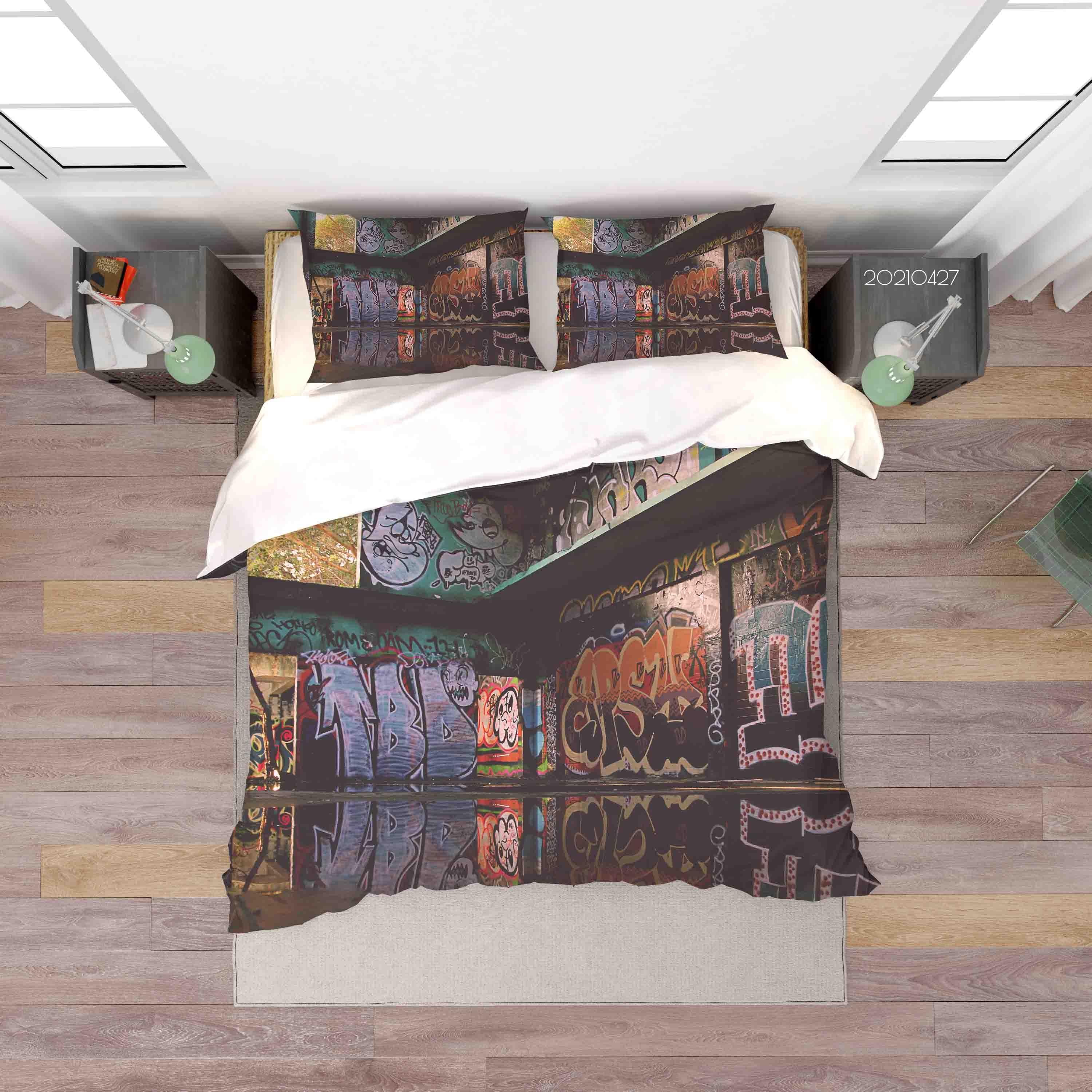 3D Abstract Colored Street Graffiti Quilt Cover Set Bedding Set Duvet Cover Pillowcases 67- Jess Art Decoration