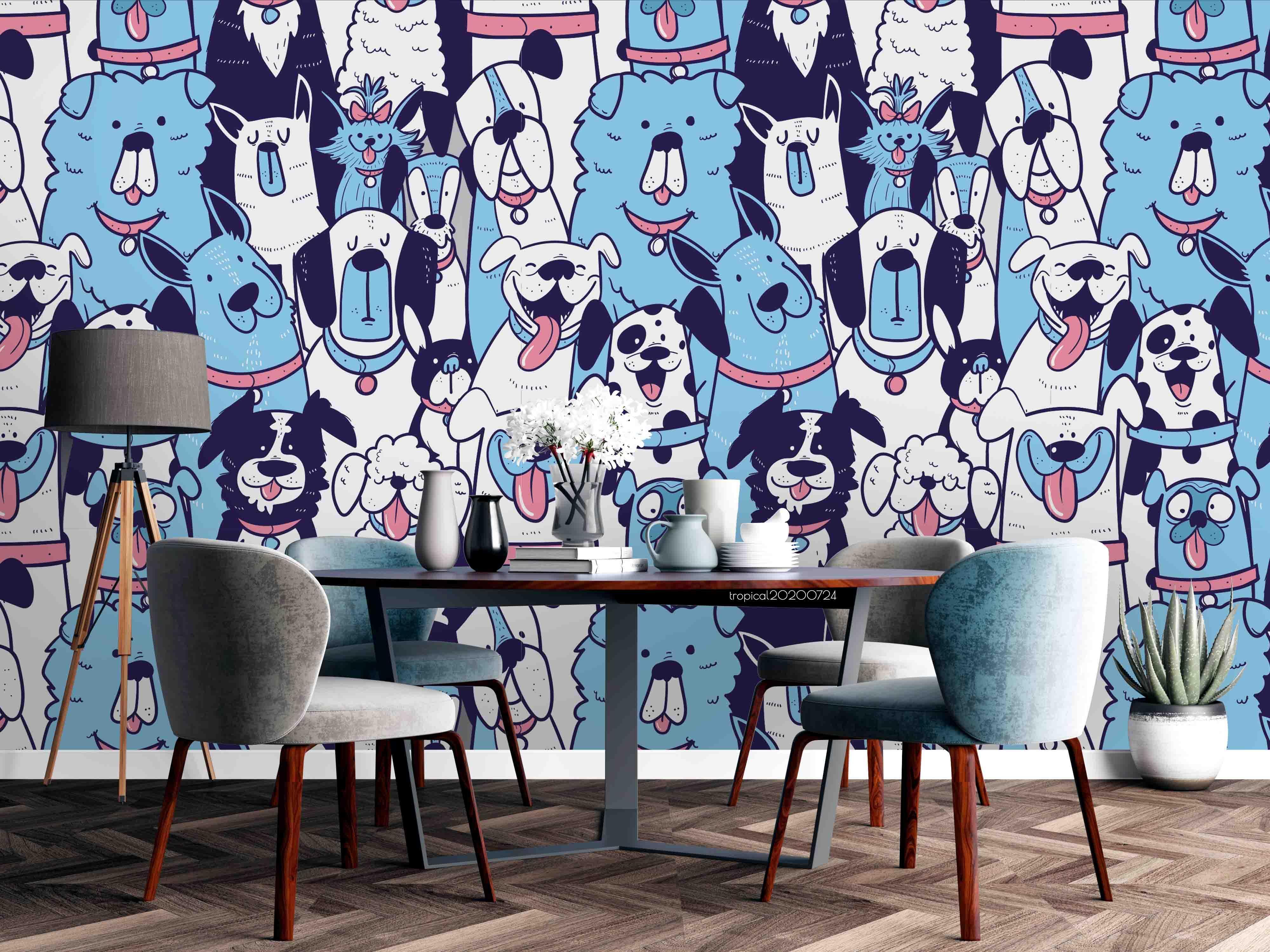 3D Cartoon Smilkey Dog World Blue Wall Mural Wallpaper LXL 494- Jess Art Decoration