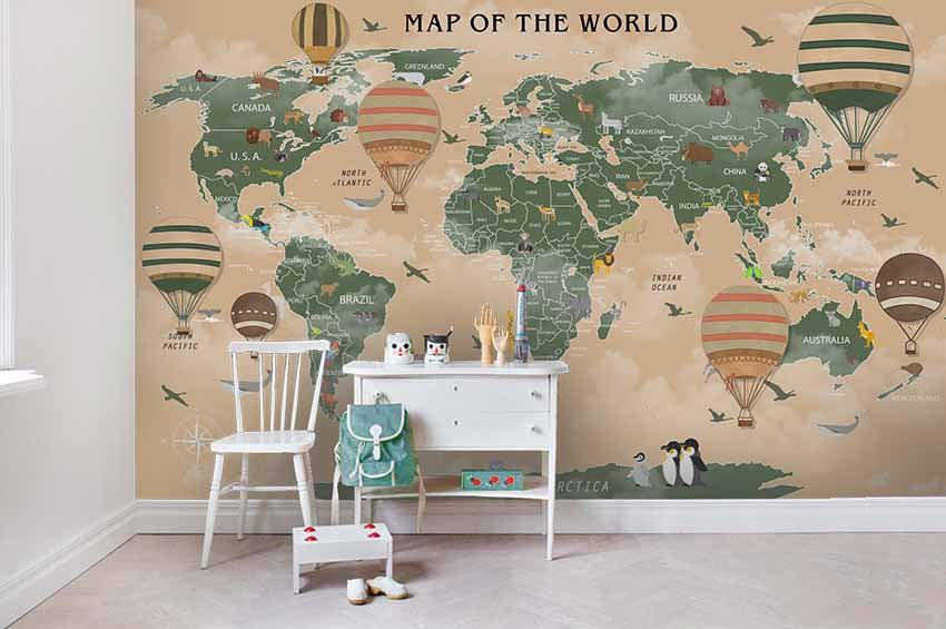 3D Brown World Map Hot Air Balloon Wall Mural Wallpaper LQH 94- Jess Art Decoration