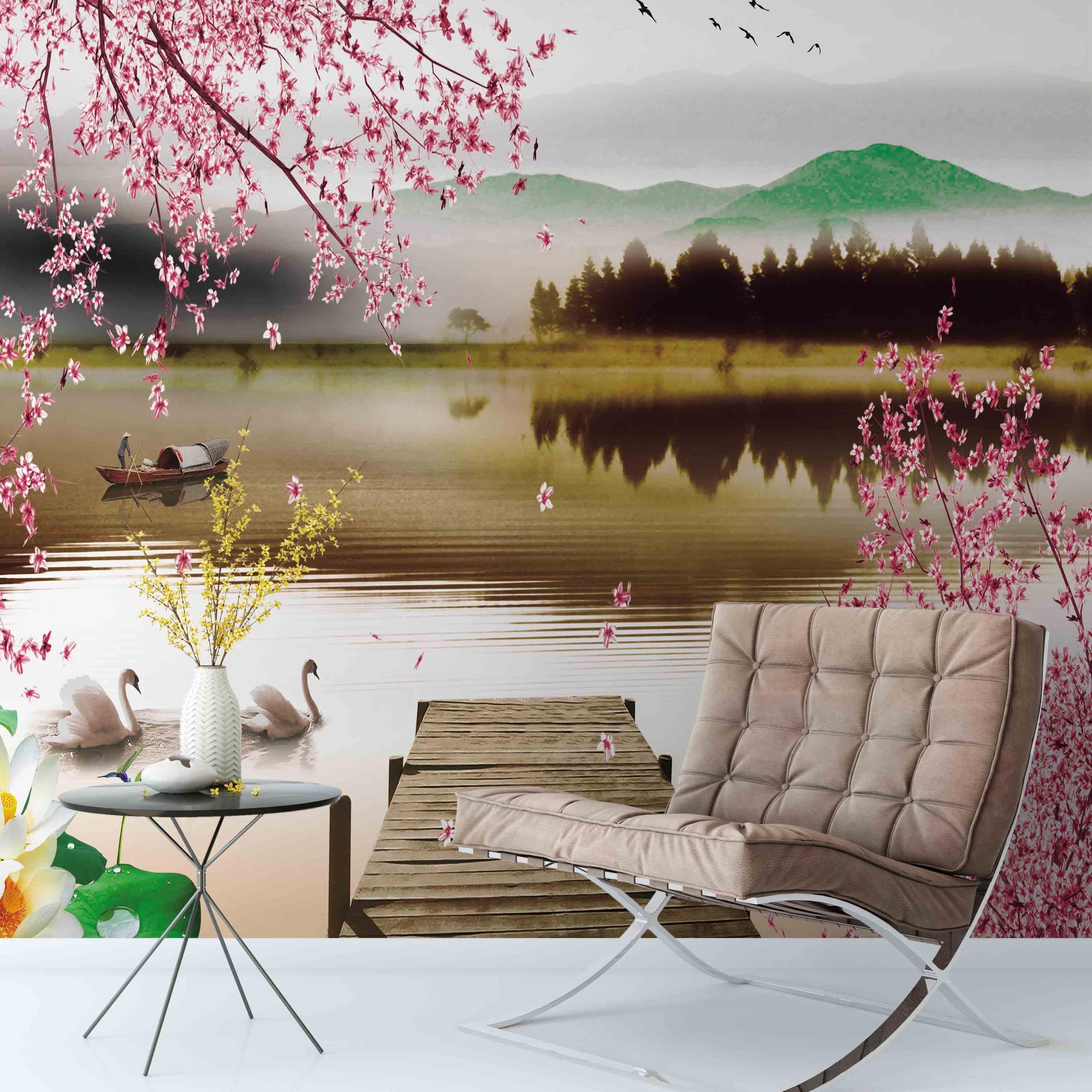 3D Blossom Mountains River Boat Wall Mural Wallpaper 36- Jess Art Decoration