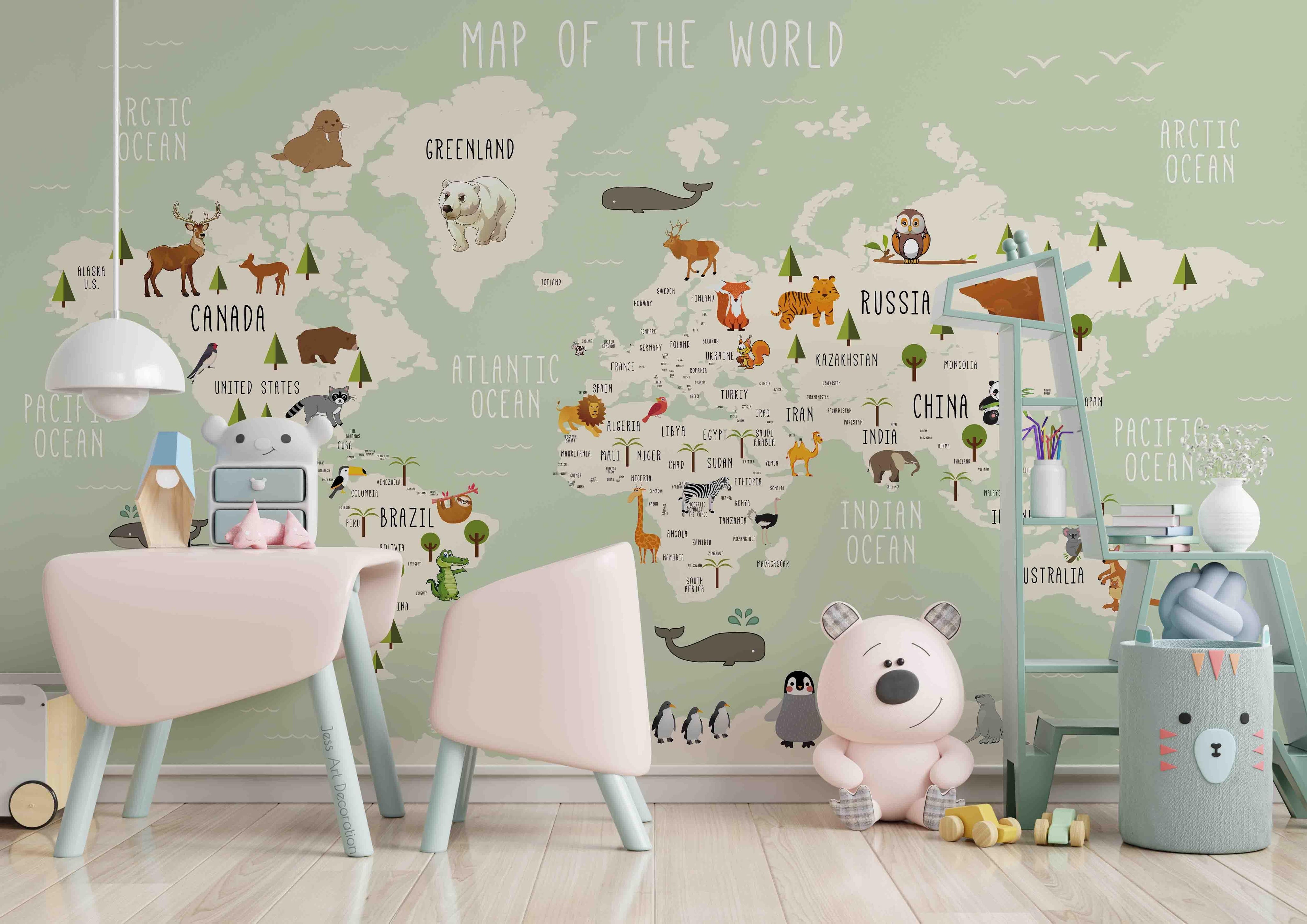 3D Cartoon Animal World Map Wall Mural Wallpaper sww 18- Jess Art Decoration