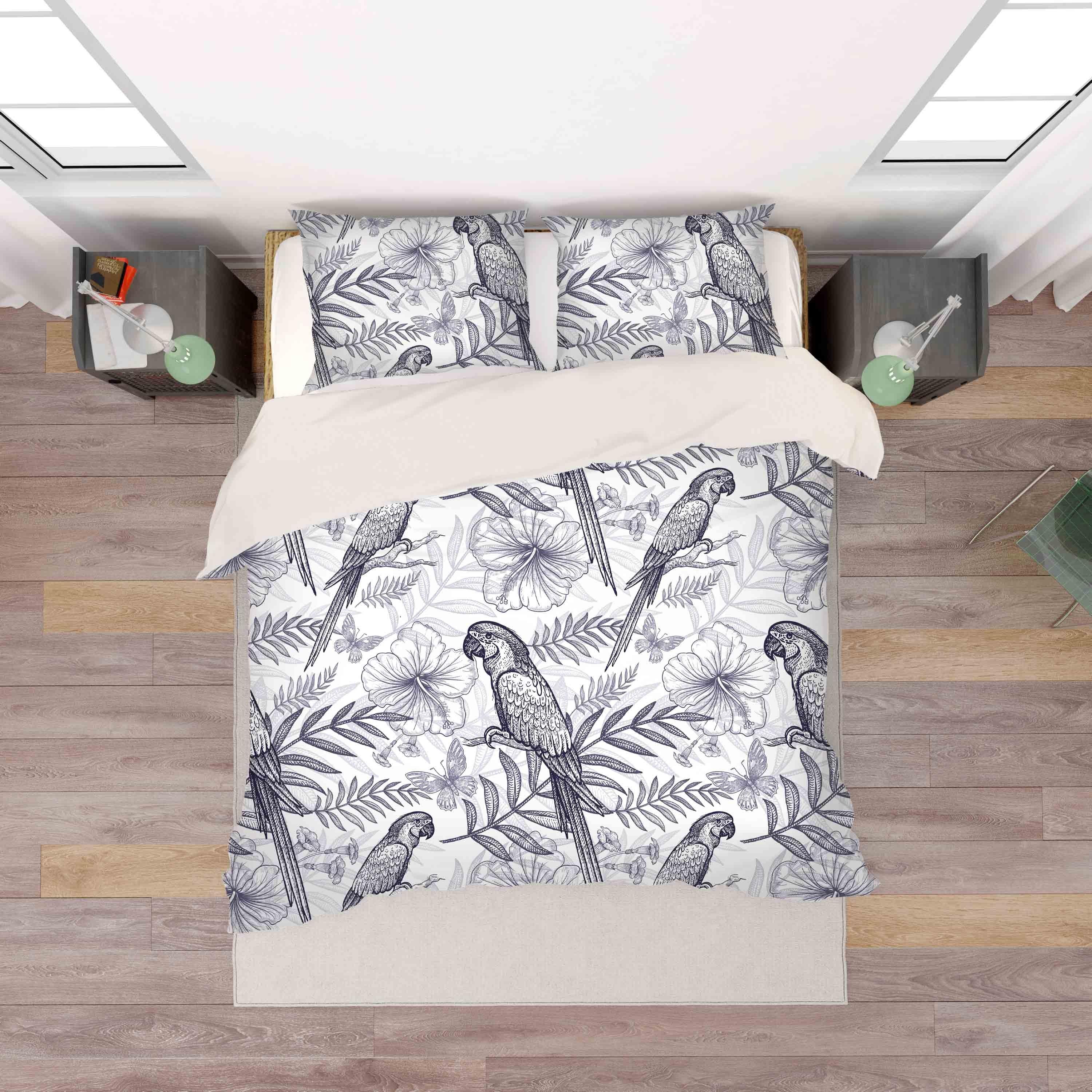 3D Black White Parrot Floral Quilt Cover Set Bedding Set Pillowcases 52- Jess Art Decoration