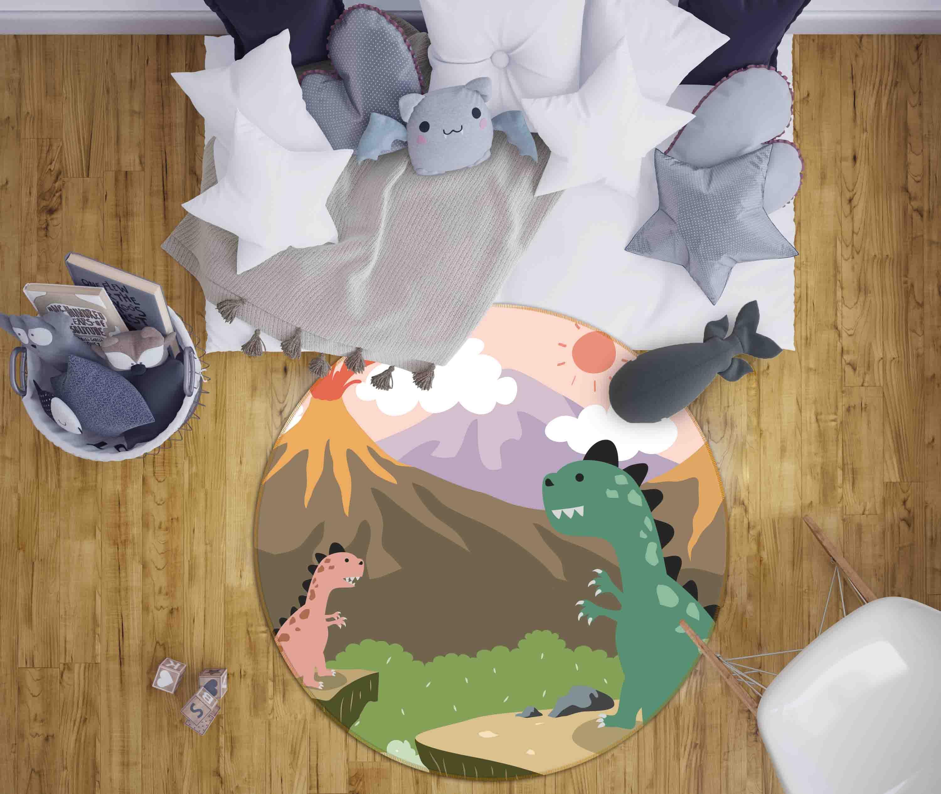 3D Cartoon Animal Dinosaur Volcano Kids Non-Slip Round Rug Mat 49- Jess Art Decoration