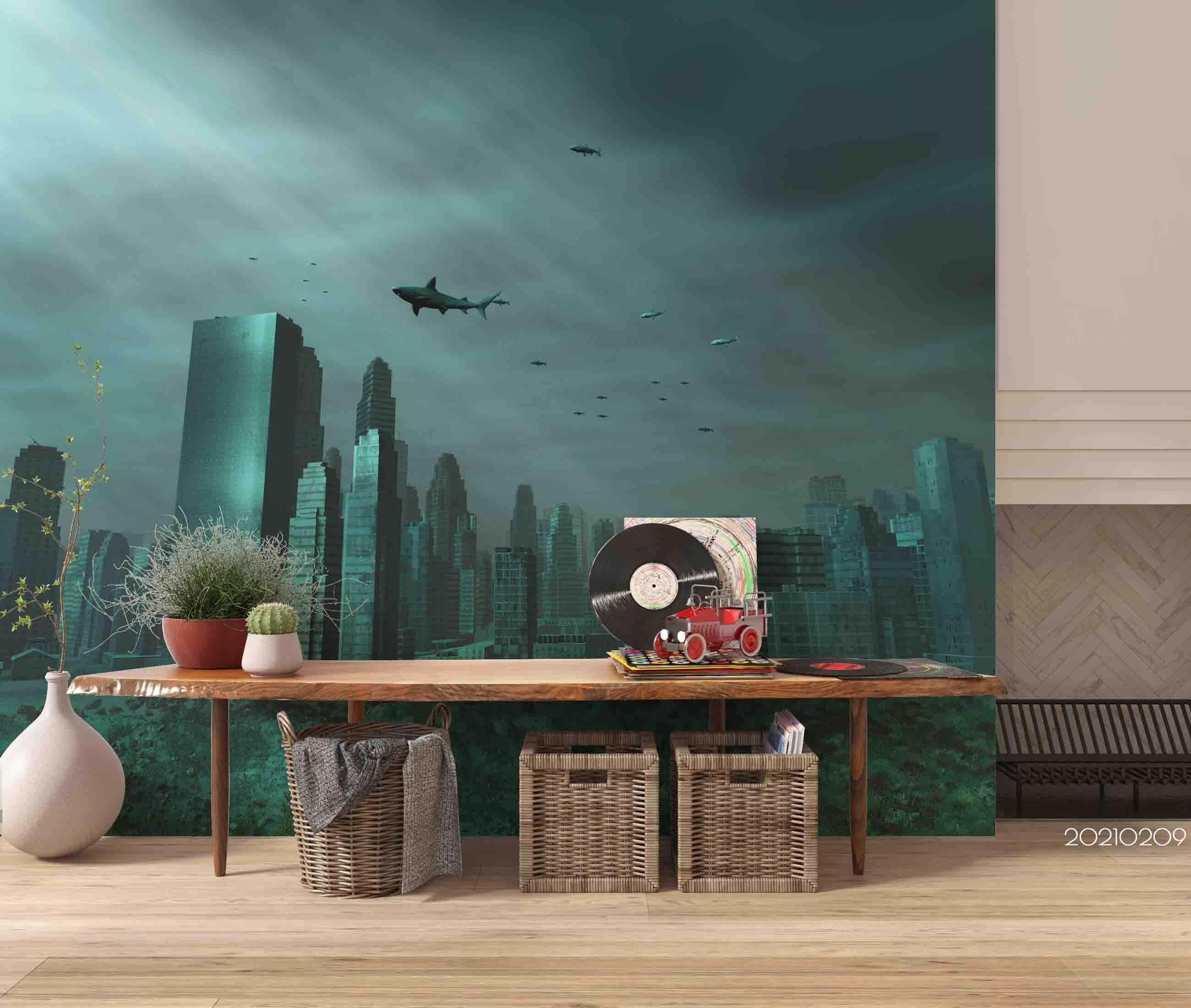 3D Abstract Sea Whale Urban Architecture Wall Mural Wallpaper LQH 74- Jess Art Decoration