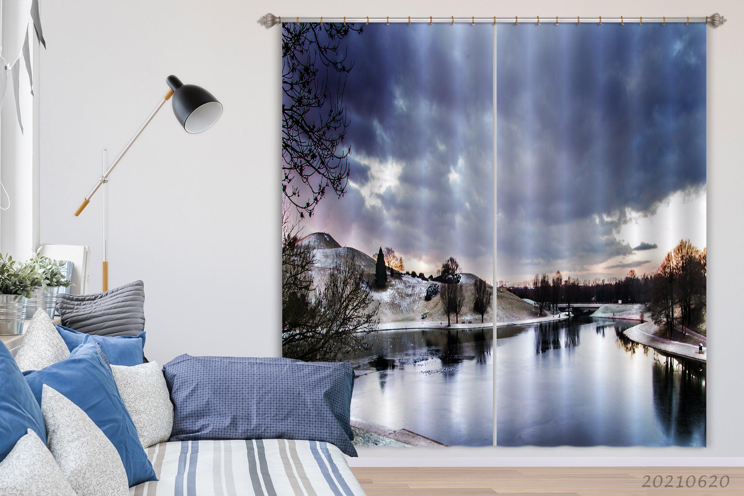 3D Winter River Hill Woods Scenery Curtains and Drapes GD 817- Jess Art Decoration