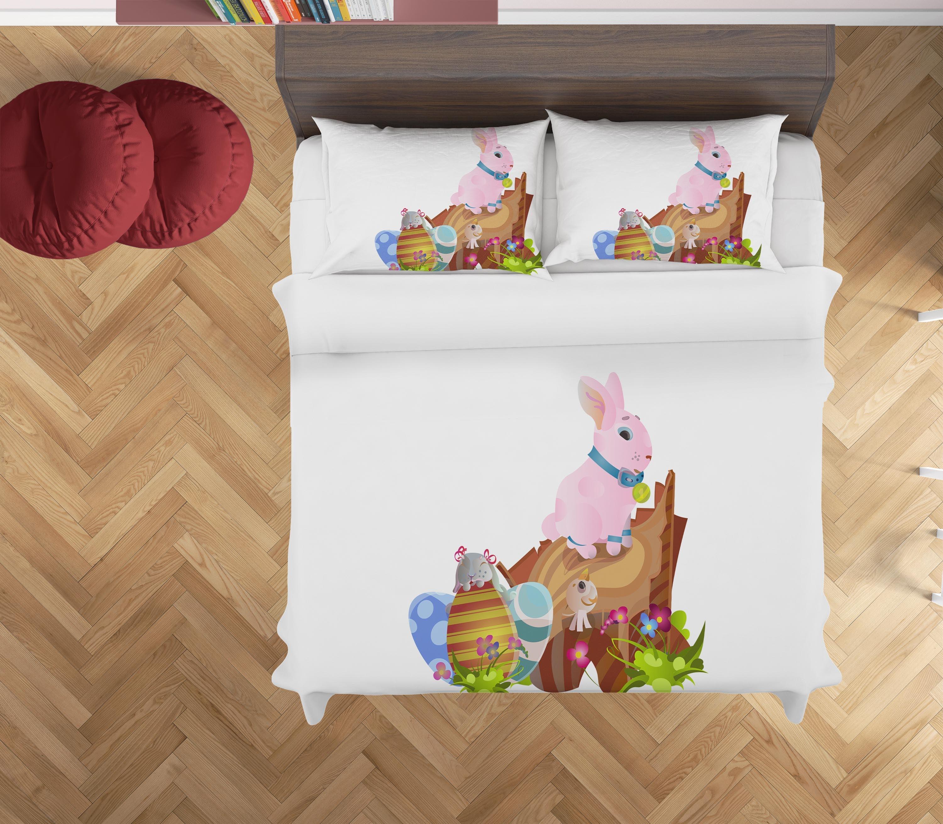 3D White Rabbit Eggs Floral Quilt Cover Set Bedding Set Duvet Cover Pillowcases SF20- Jess Art Decoration