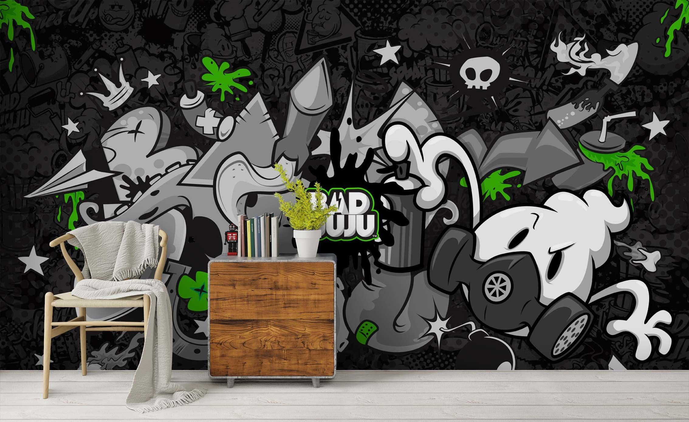 3D Black White Green Graffiti Art Cartoon Character Wall Mural Wallpaper ZY D64- Jess Art Decoration