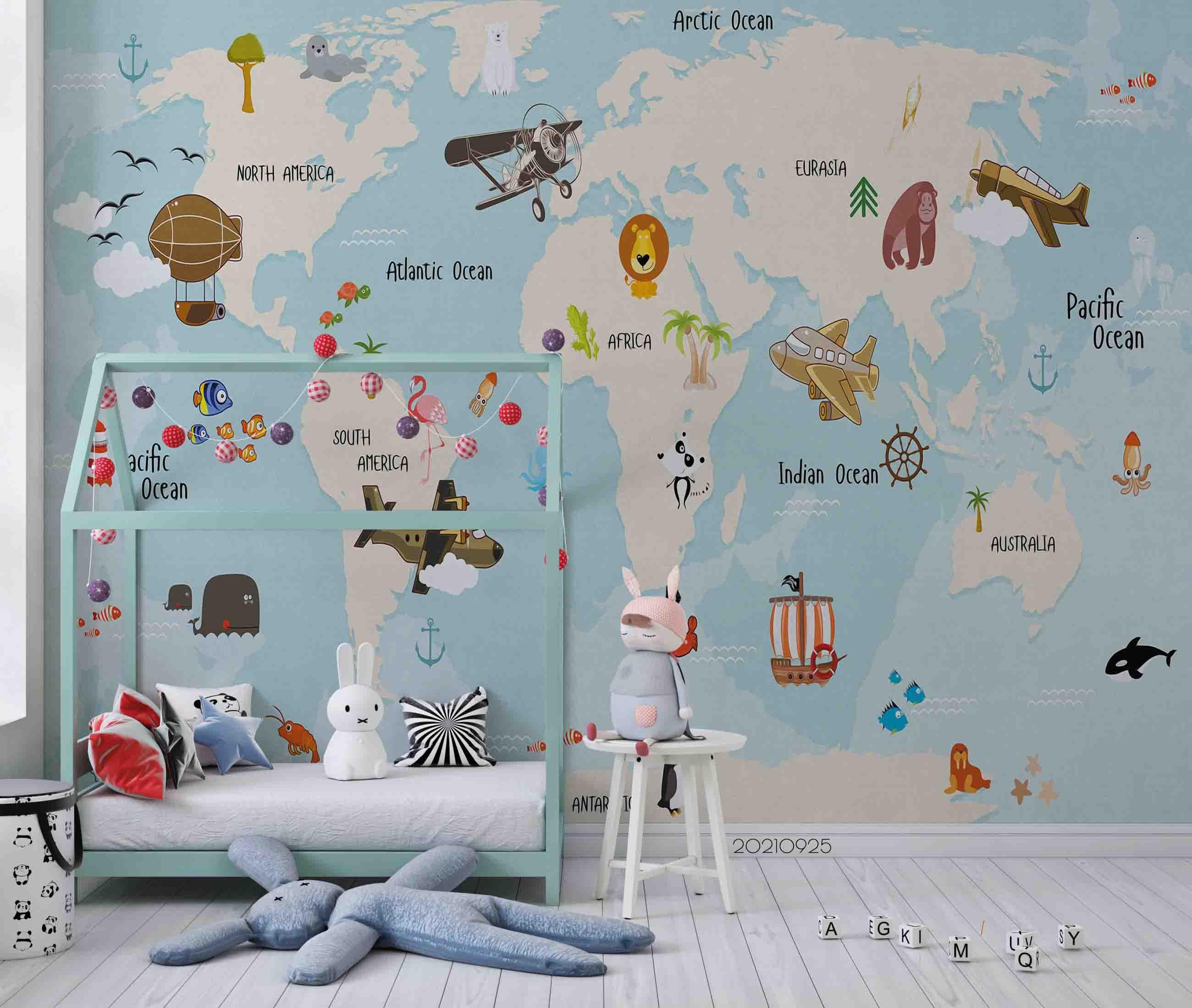 3D World Map Airplane Kids Wall Mural Wallpaper LQH 254- Jess Art Decoration