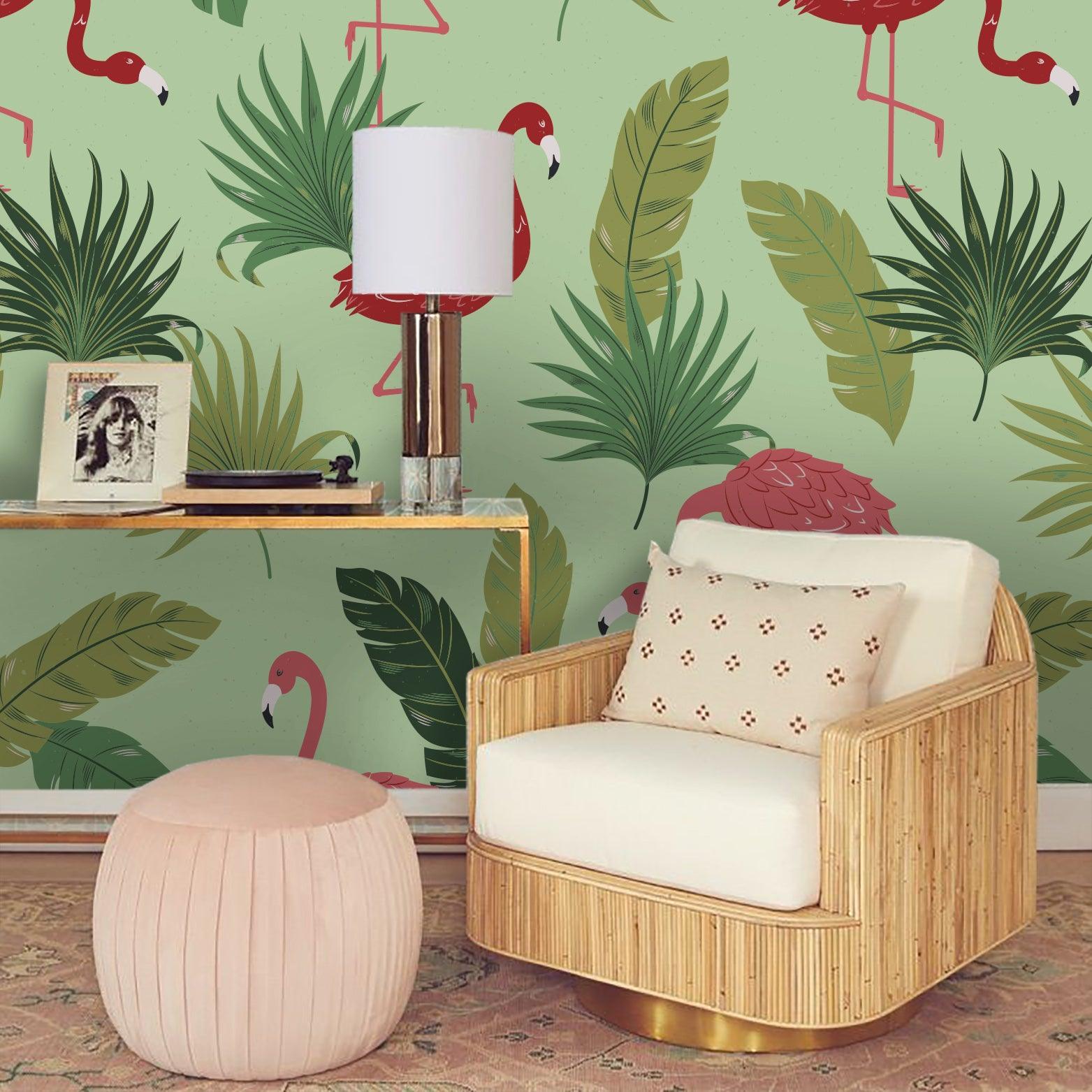 3D Flamingo Green Leaves Wall Mural Wallpaper 8- Jess Art Decoration