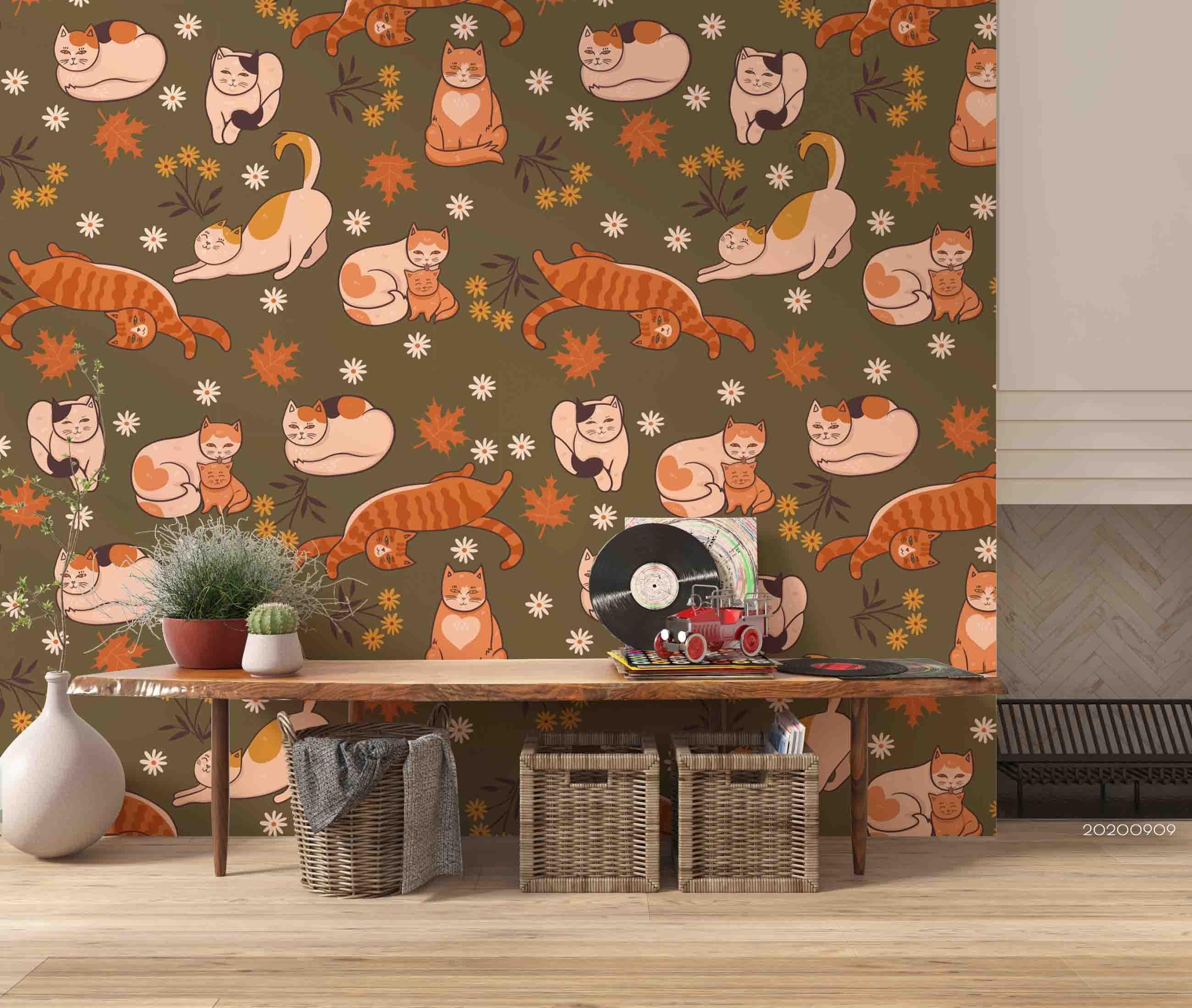 3D Cartoon Maple Leaves Colorful Cat Animal Wall Mural Wallpaper LXL- Jess Art Decoration