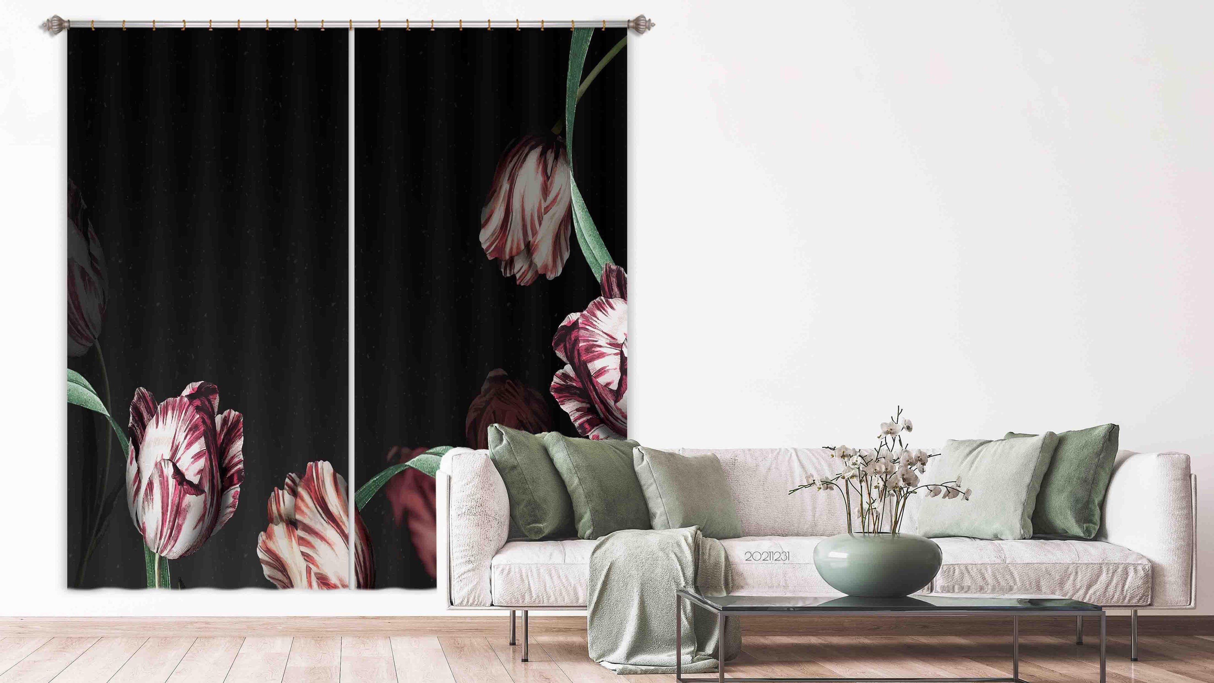 3D Retro Pink Tulip Black Curtains and Drapes GD 20- Jess Art Decoration