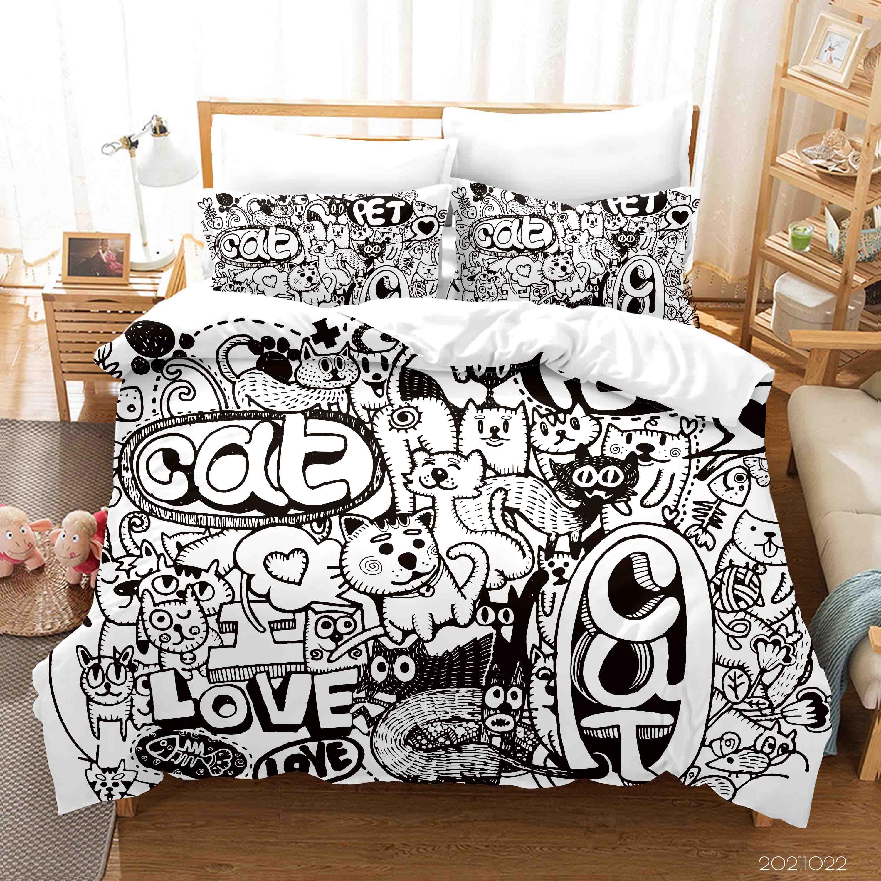 3D Cute Cat Animal Doodle Quilt Cover Set Bedding Set Duvet Cover Pillowcases 50- Jess Art Decoration