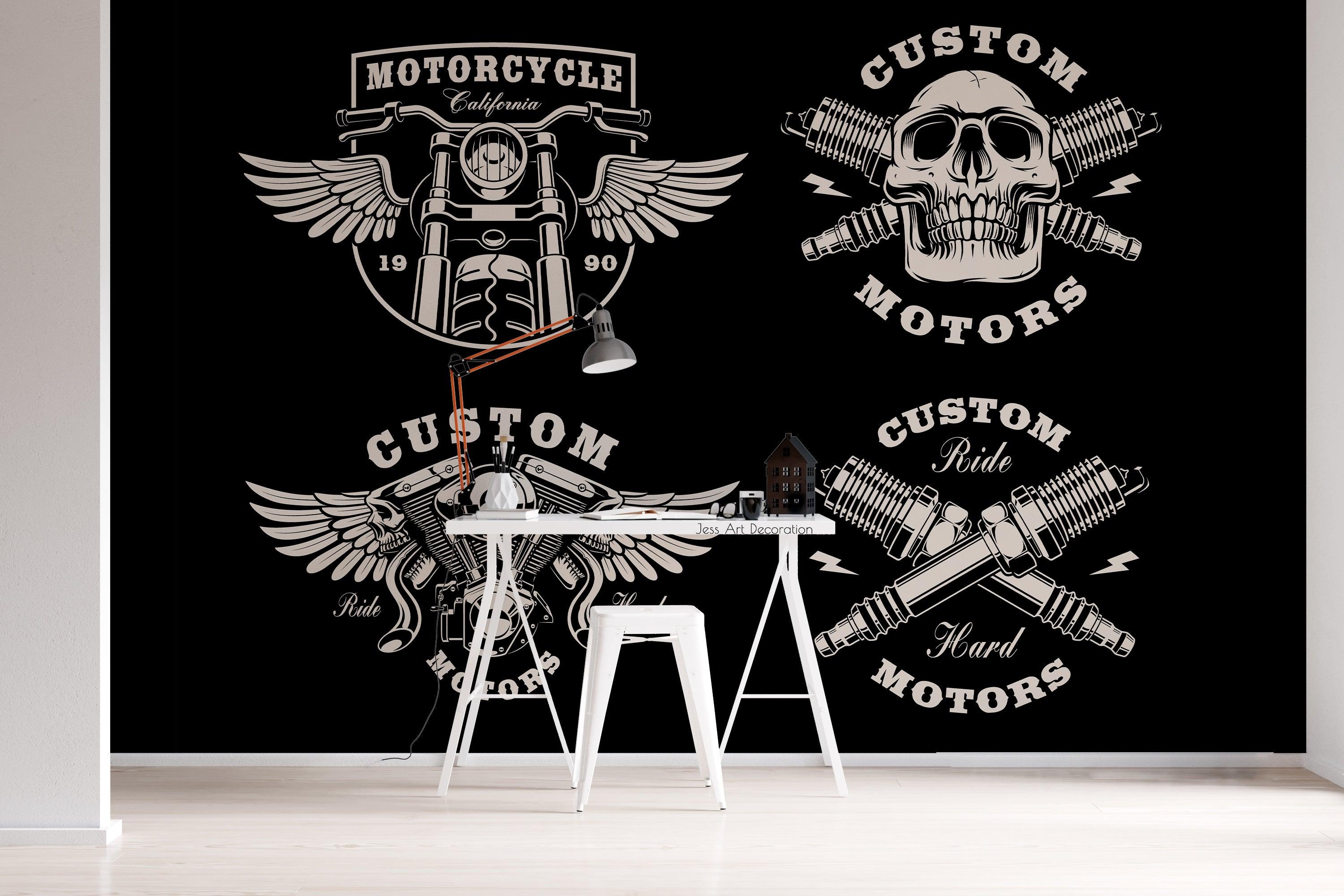 3D Vintage Black White Motorcycle Skull Logo Wall Mural Wallpaper GD 3200- Jess Art Decoration