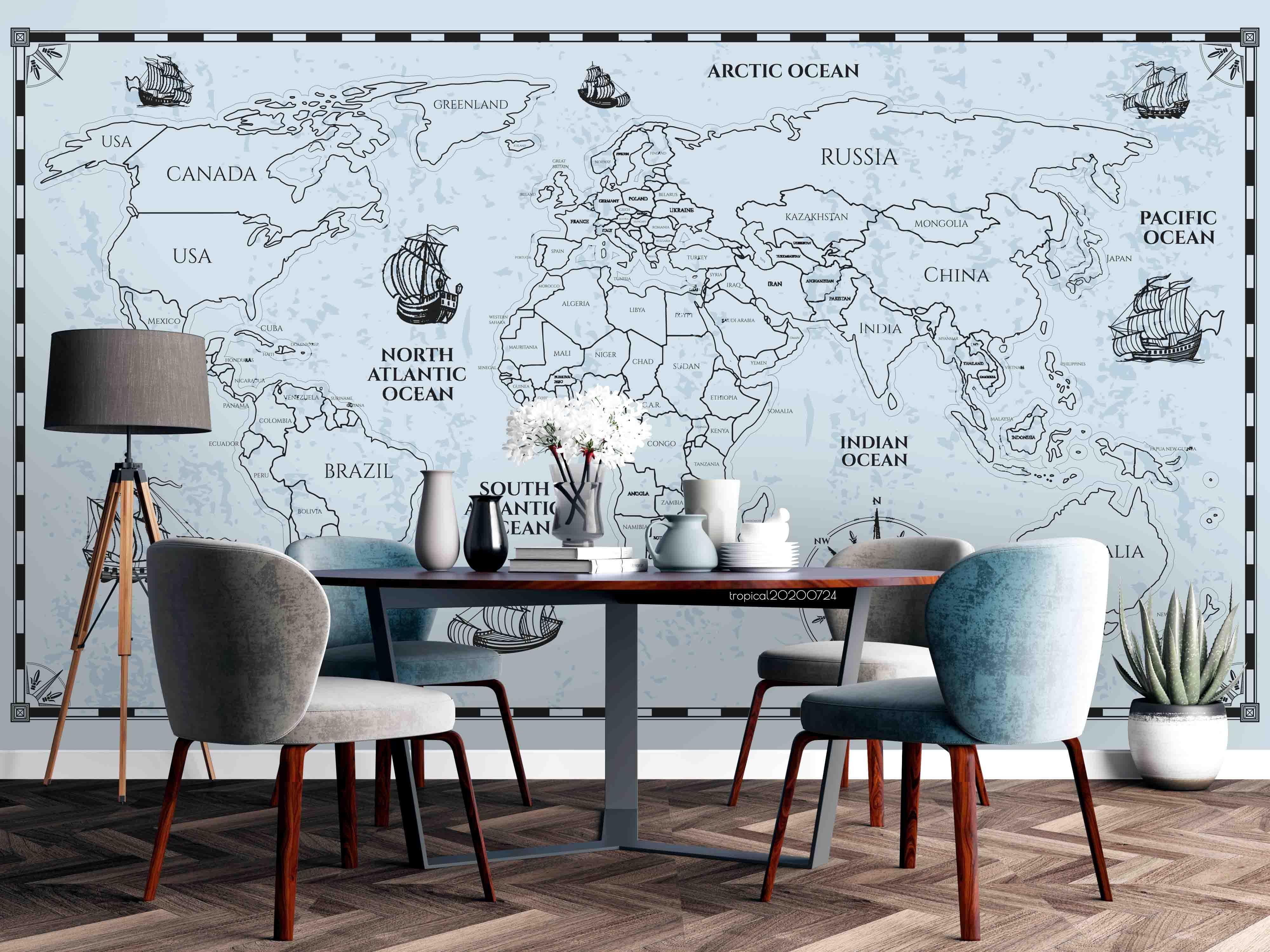 3D World Map Nautical Compass Blue Wall Mural Wallpaper LXL 485- Jess Art Decoration