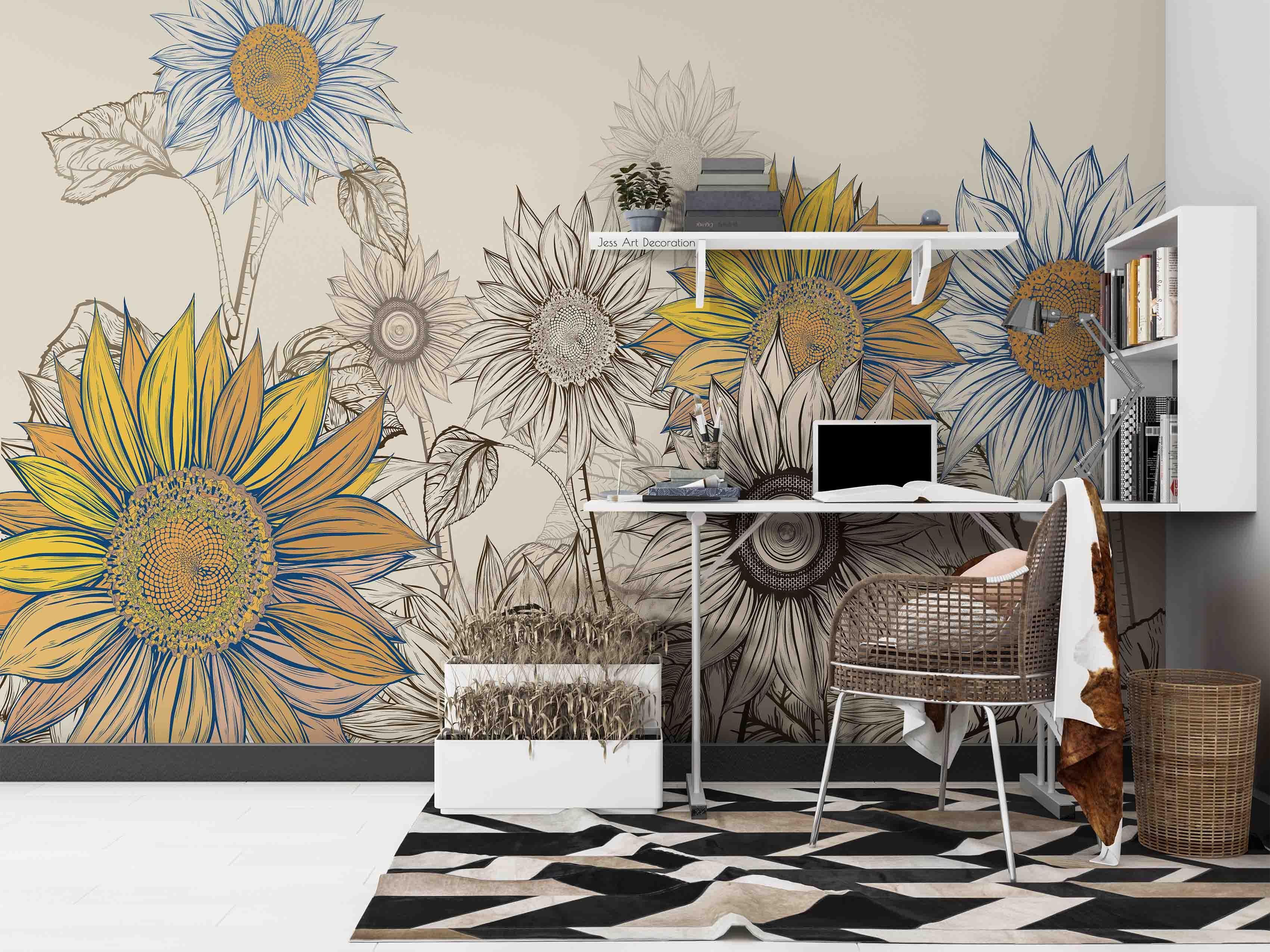 3D Hand Draw Sunflower Wall Mural Wallpaper sww  217- Jess Art Decoration