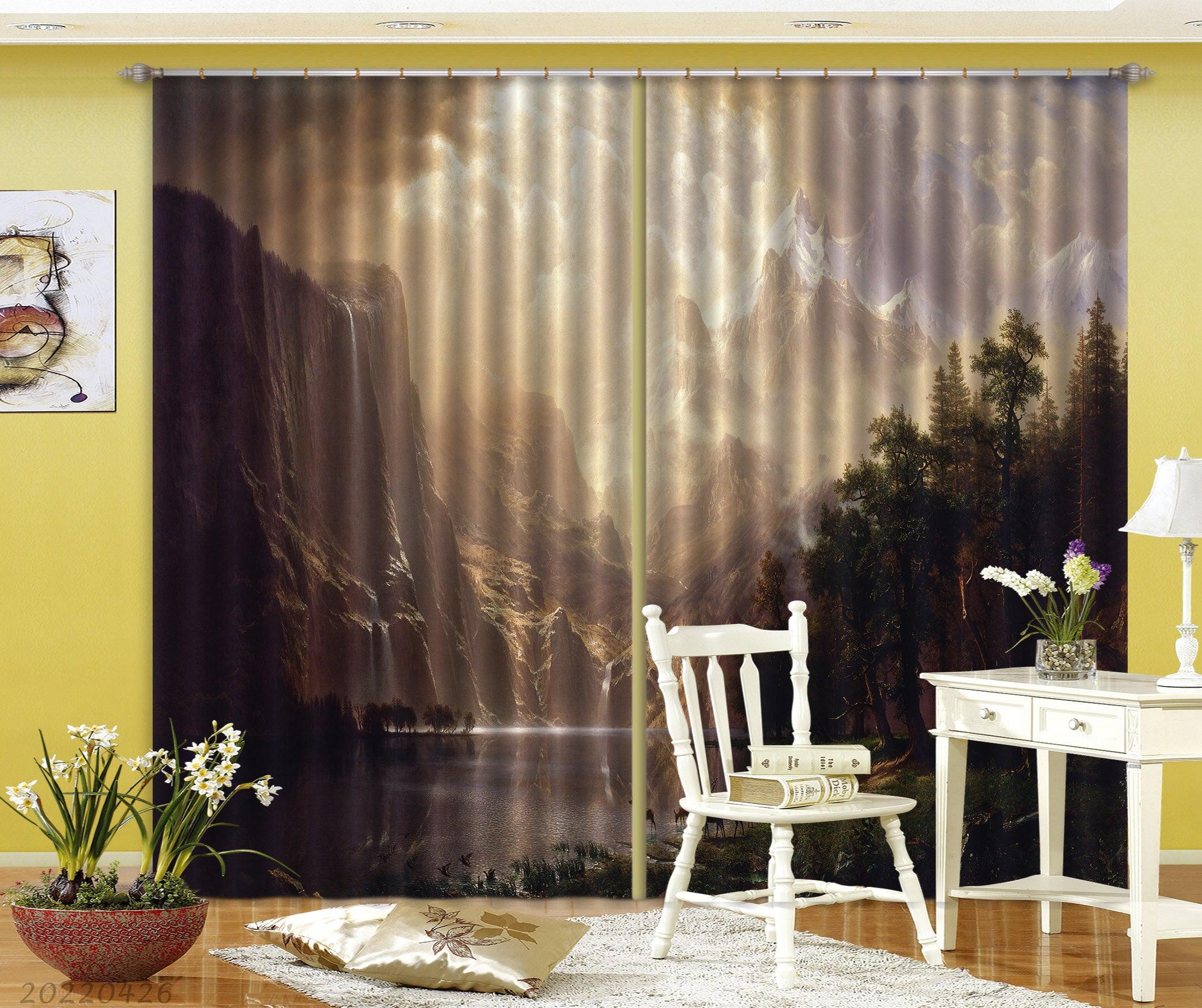 3D Landscape Mountain Peak Forest River Elk Curtains and Drapes GD 4846- Jess Art Decoration