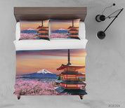 3D Landscape Japan Fuji Mountain Ancient Architecture Pink Cherry Blossom Floral Quilt Cover Set Bedding Set Duvet Cover Pillowcases LXL- Jess Art Decoration