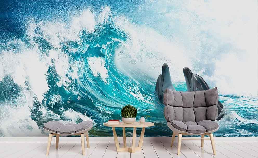 3D Blue Sea Waves Dolphin Wall Mural Wallpaper 145- Jess Art Decoration
